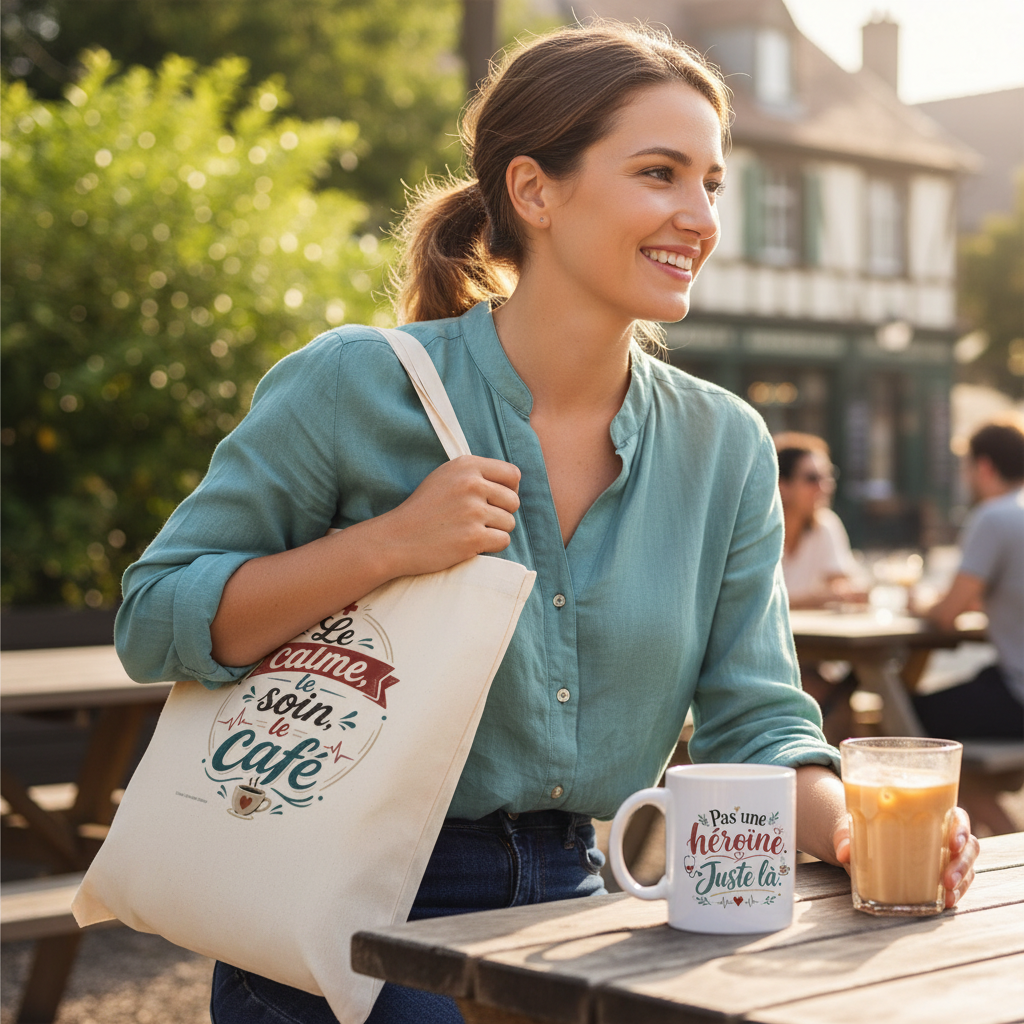 Sac tote écru avec anses et motif « Le calme, le soin, le café »