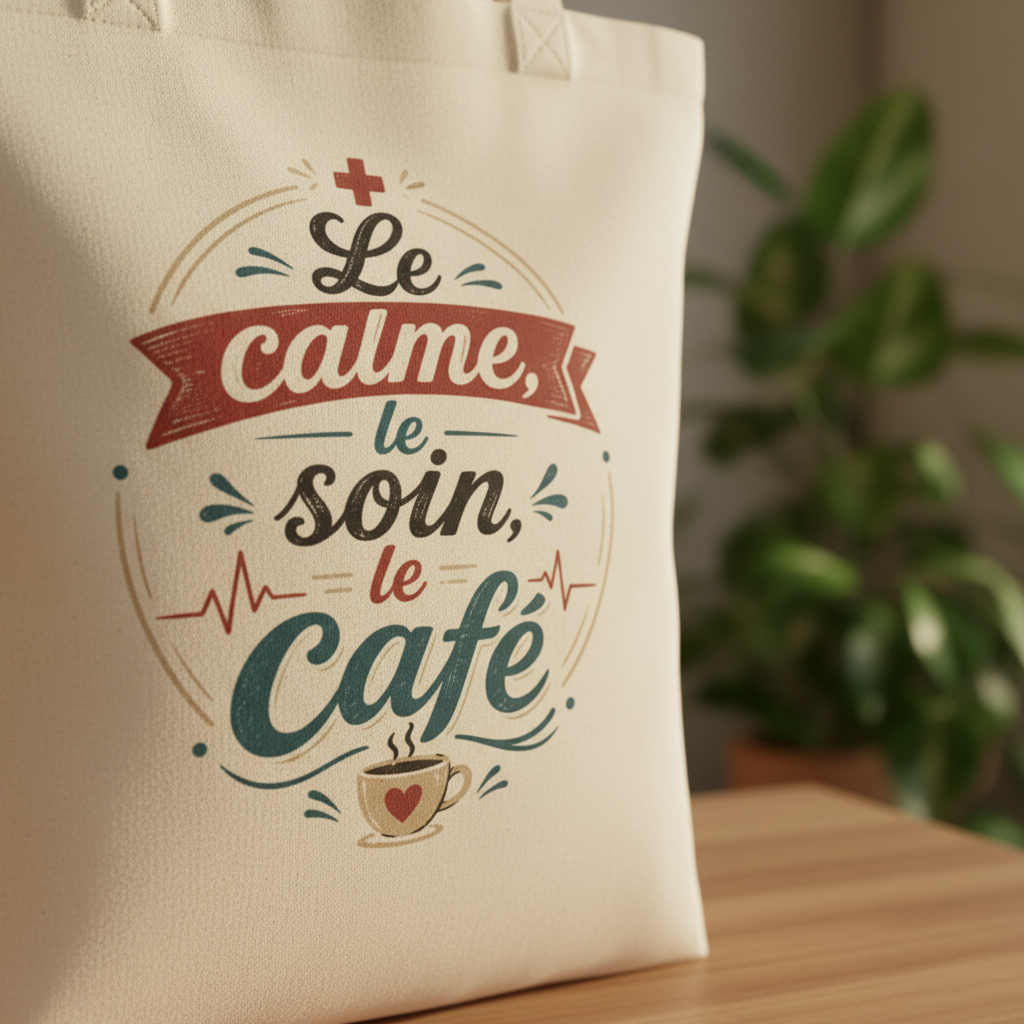 Sac tote écru en gros plan, motif « Le calme, le soin, le café »