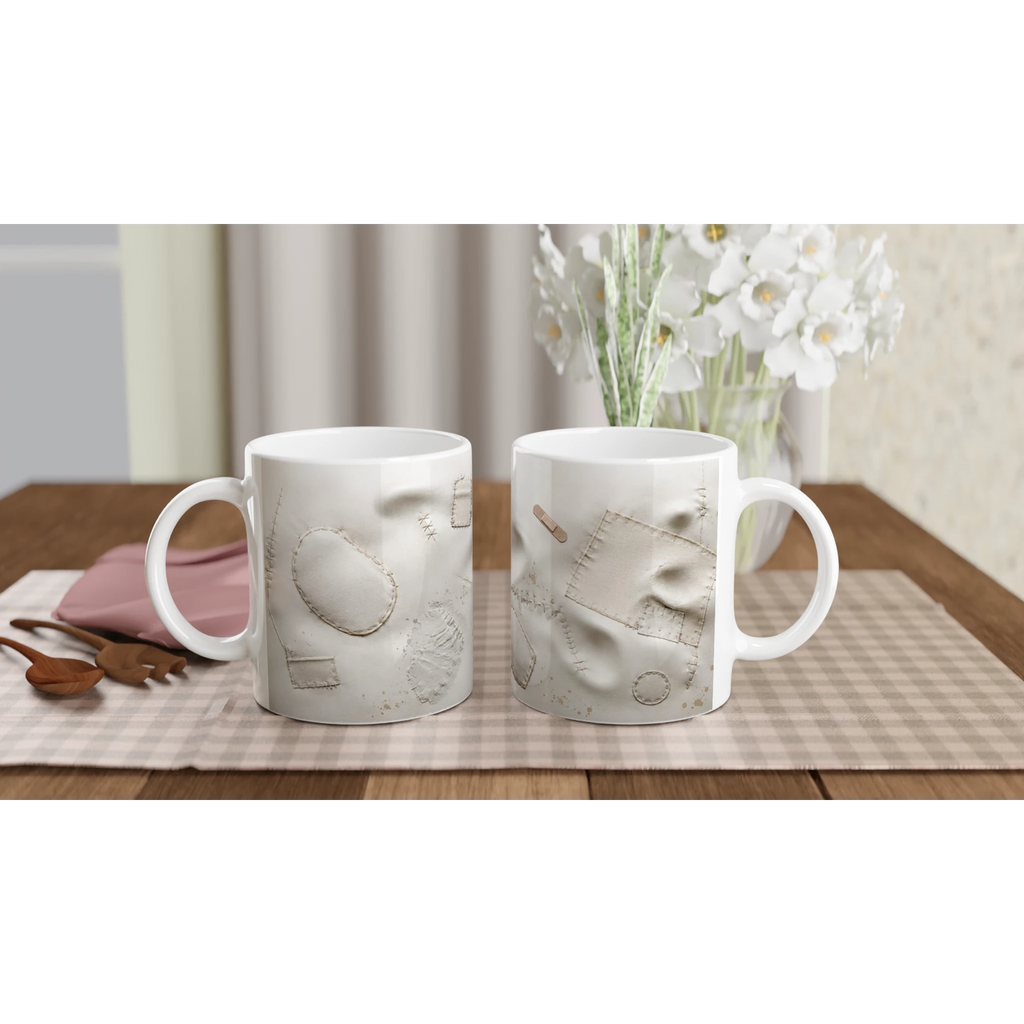 Paire de mugs en céramique blanche avec motifs en relief façon couture