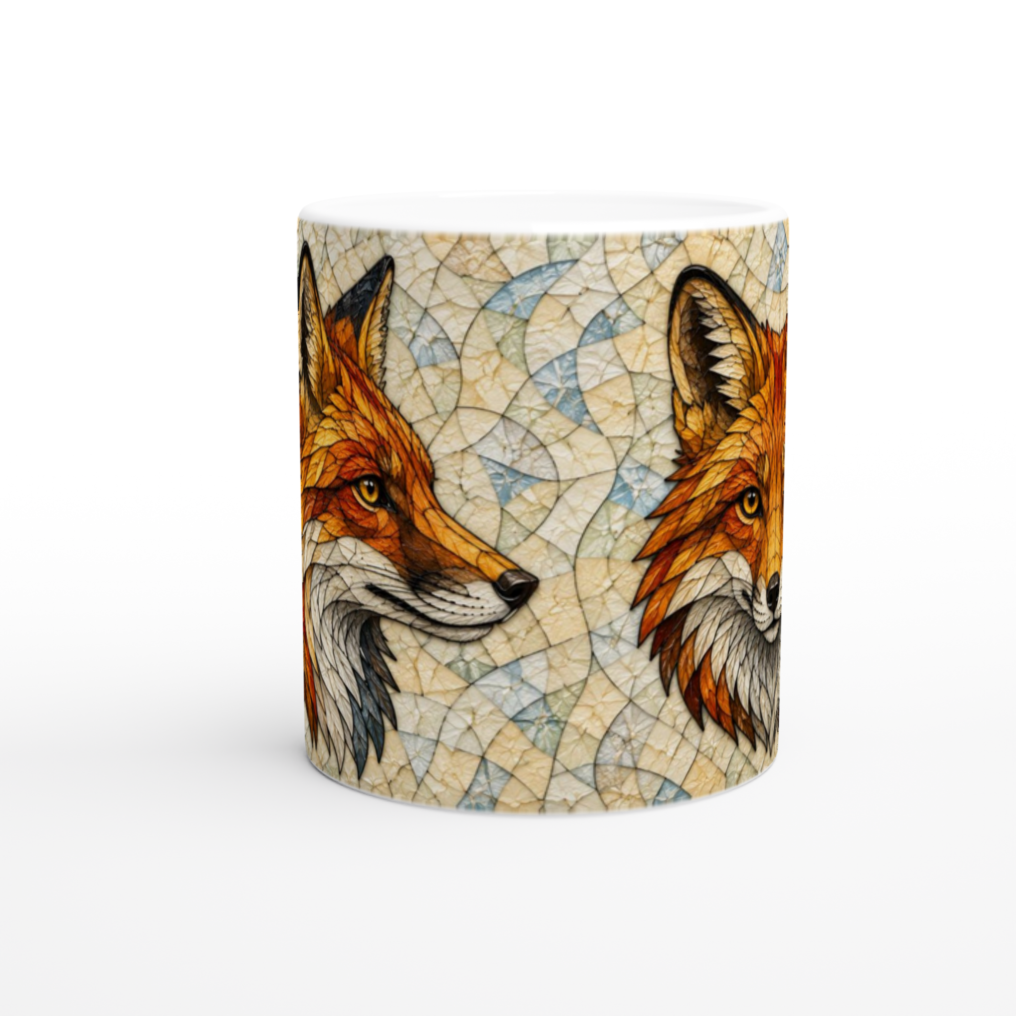 Mug en céramique blanche avec illustration double de renard roux sur fond bleu