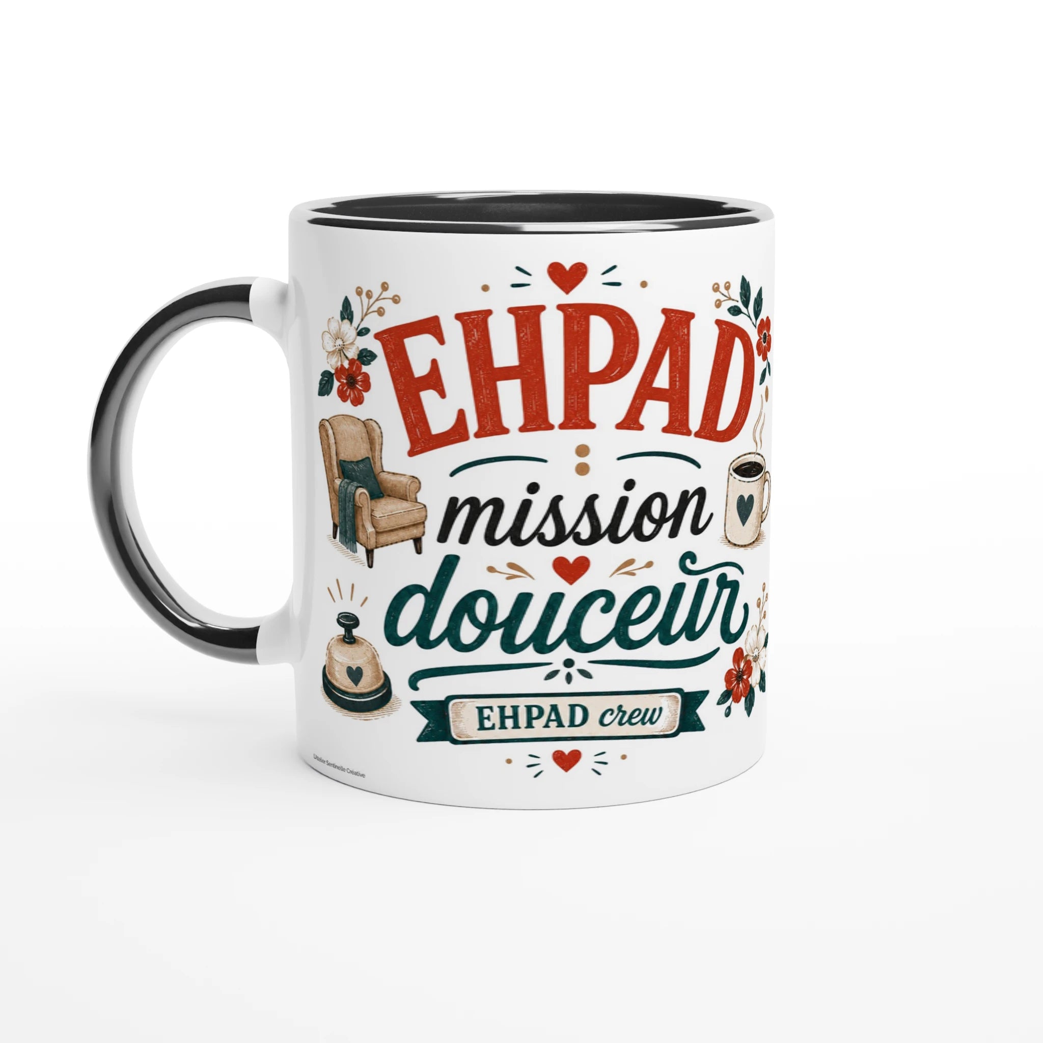 Mug blanc à anse noire, inscription « EHPAD mission douceur ».