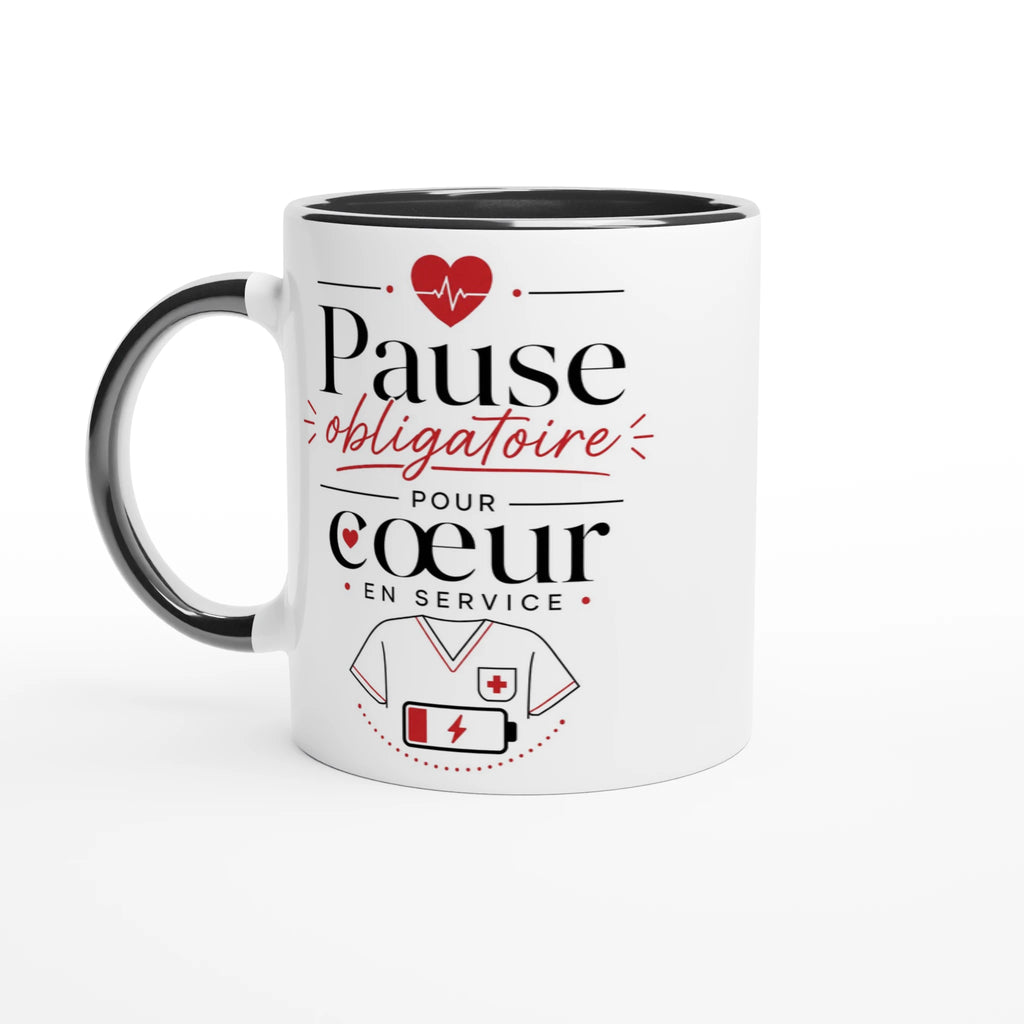 Mug céramique blanche, anse et bord foncés, motif cœur, « Pause obligatoire »