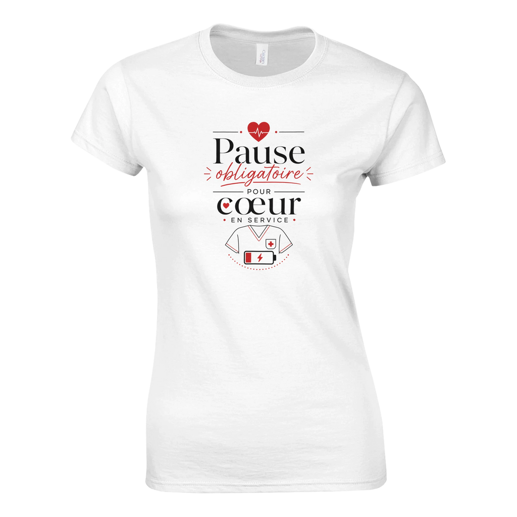 T-shirt blanc manches courtes, imprimé cœur rouge et texte « Pause obligatoire ».