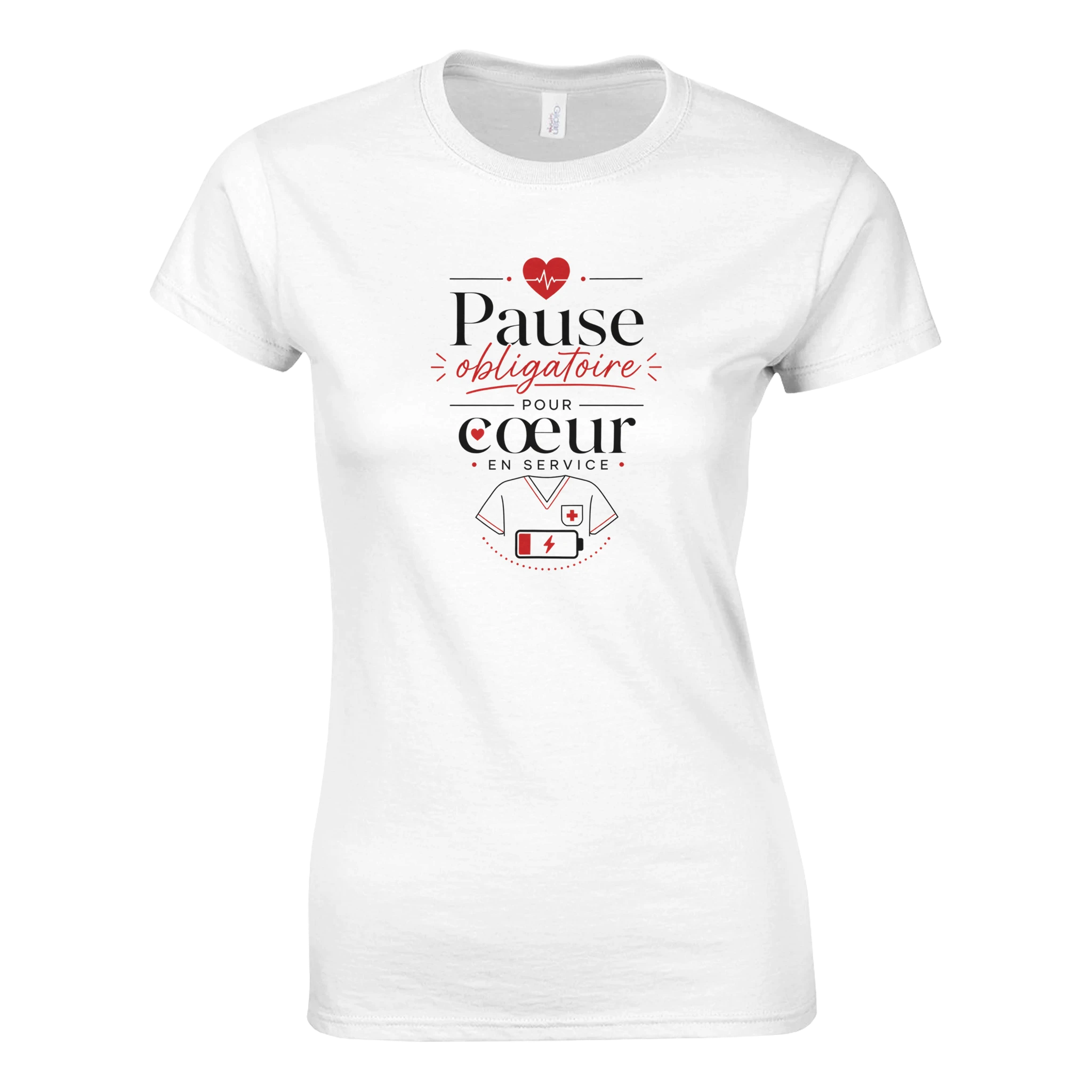 T-shirt blanc manches courtes, imprimé cœur rouge et texte « Pause obligatoire ».