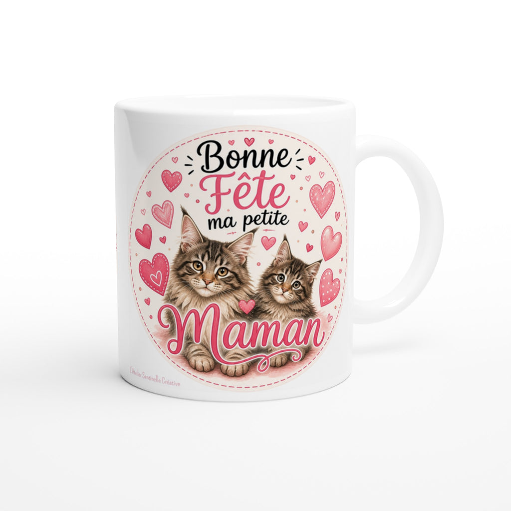 Mug blanc « Bonne Fête ma petite Maman » avec chatons, cœurs roses, vue 3/4