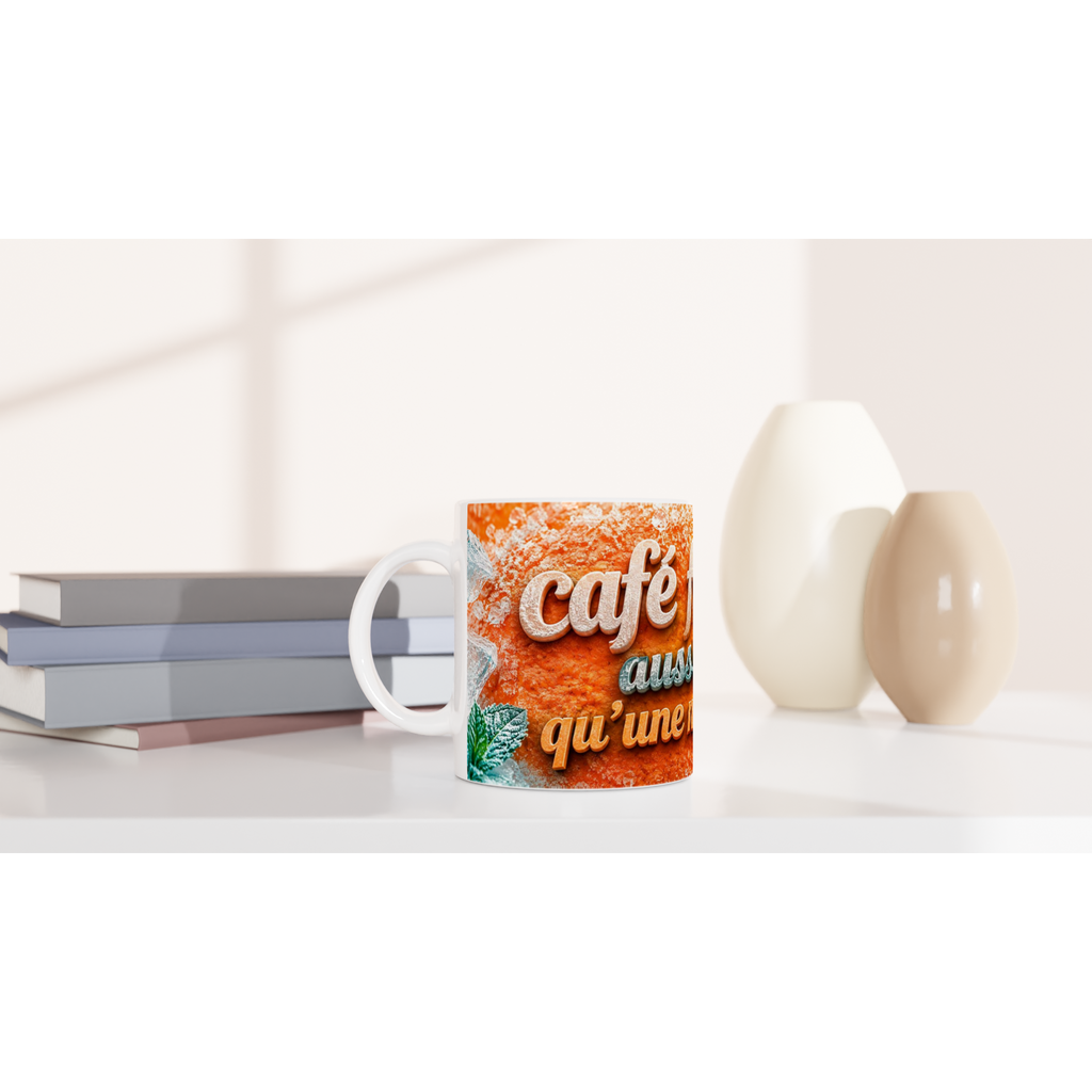 Mug en céramique orange avec texte « café… qu’une mandarine » et anse blanche.
