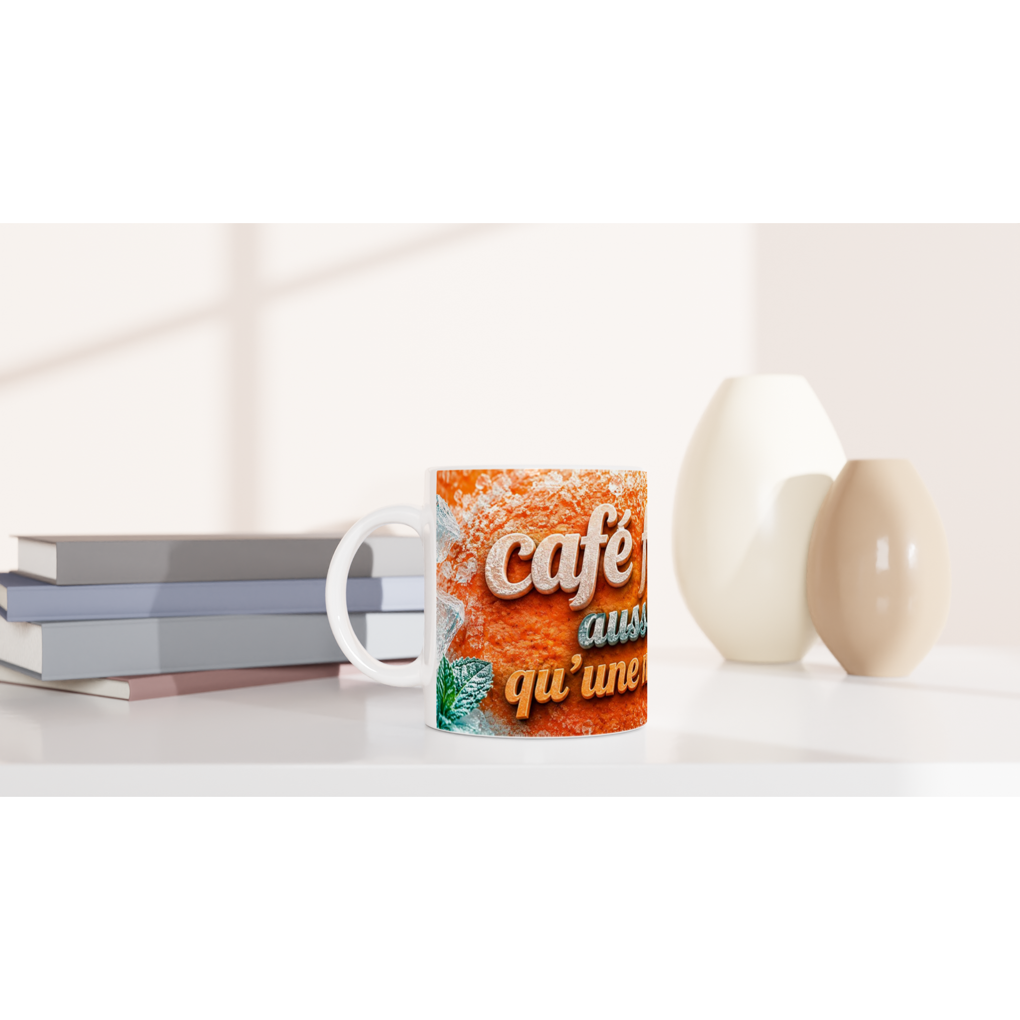 Mug en céramique orange avec texte « café… qu’une mandarine » et anse blanche.