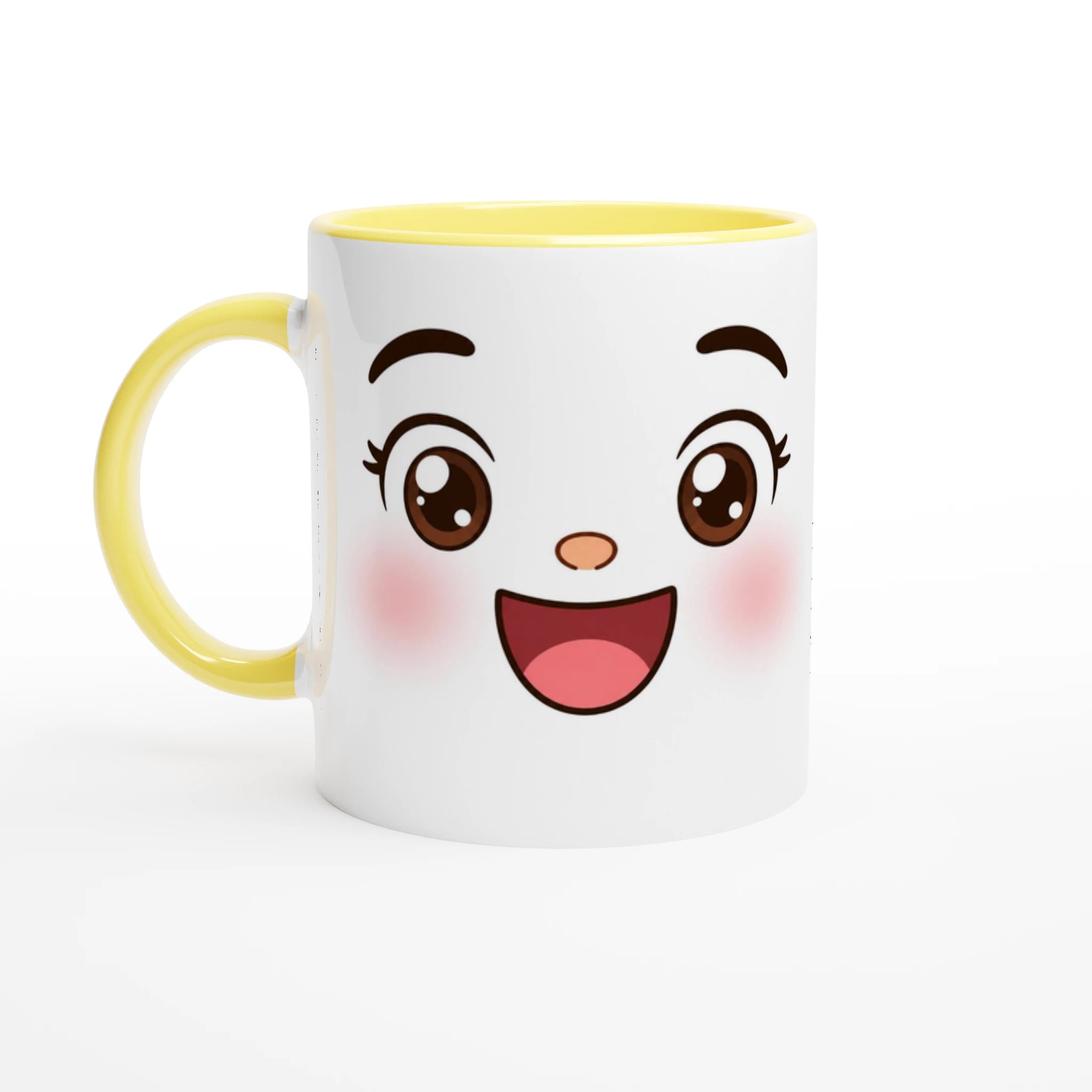 Tasse en céramique blanche à visage kawaii souriant, anse jaune et intérieur jaune clair.