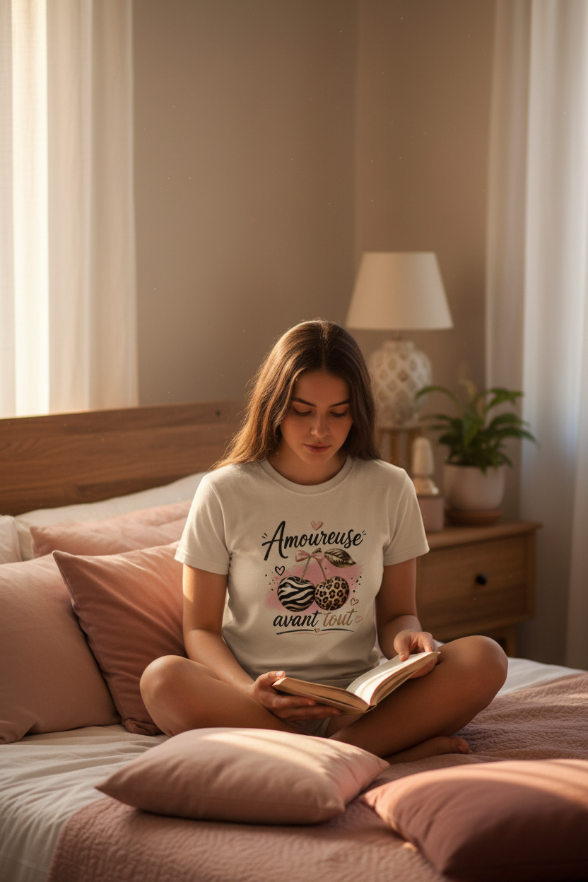 T-shirt femme blanc manches courtes, imprimé « Amoureuse avant tout »
