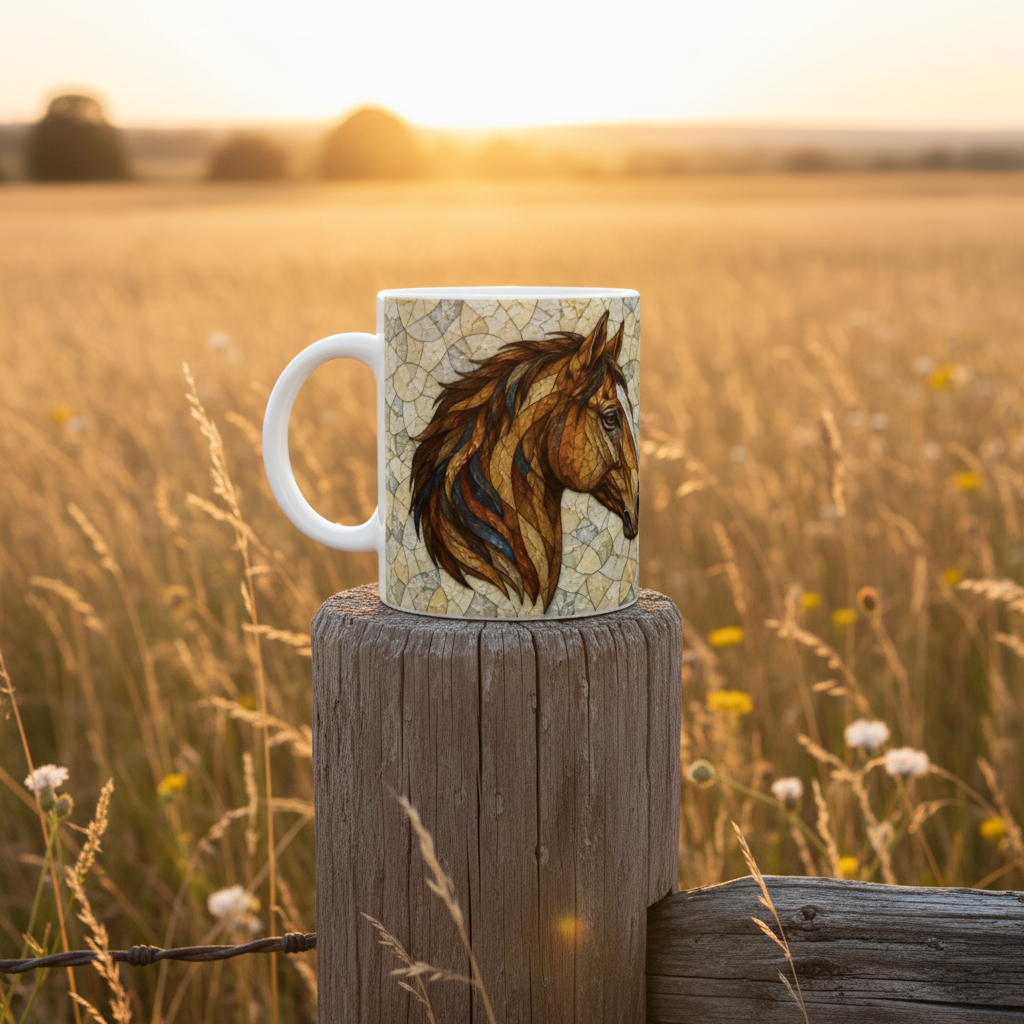 Champ coucher de soleil mug cheval de profil