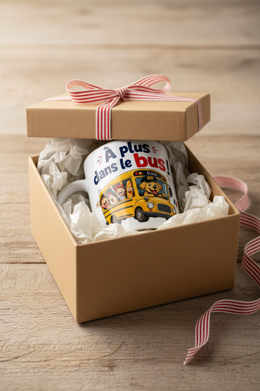 Mug blanc « À plus dans le bus ! » dans une boîte cadeau en carton, ruban rayé.