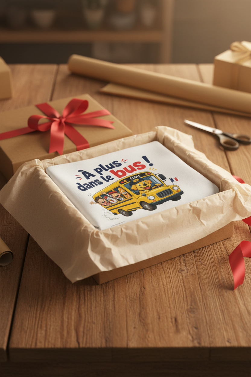 Tote bag blanc dans une boîte cadeau avec ruban rouge, motif bus scolaire