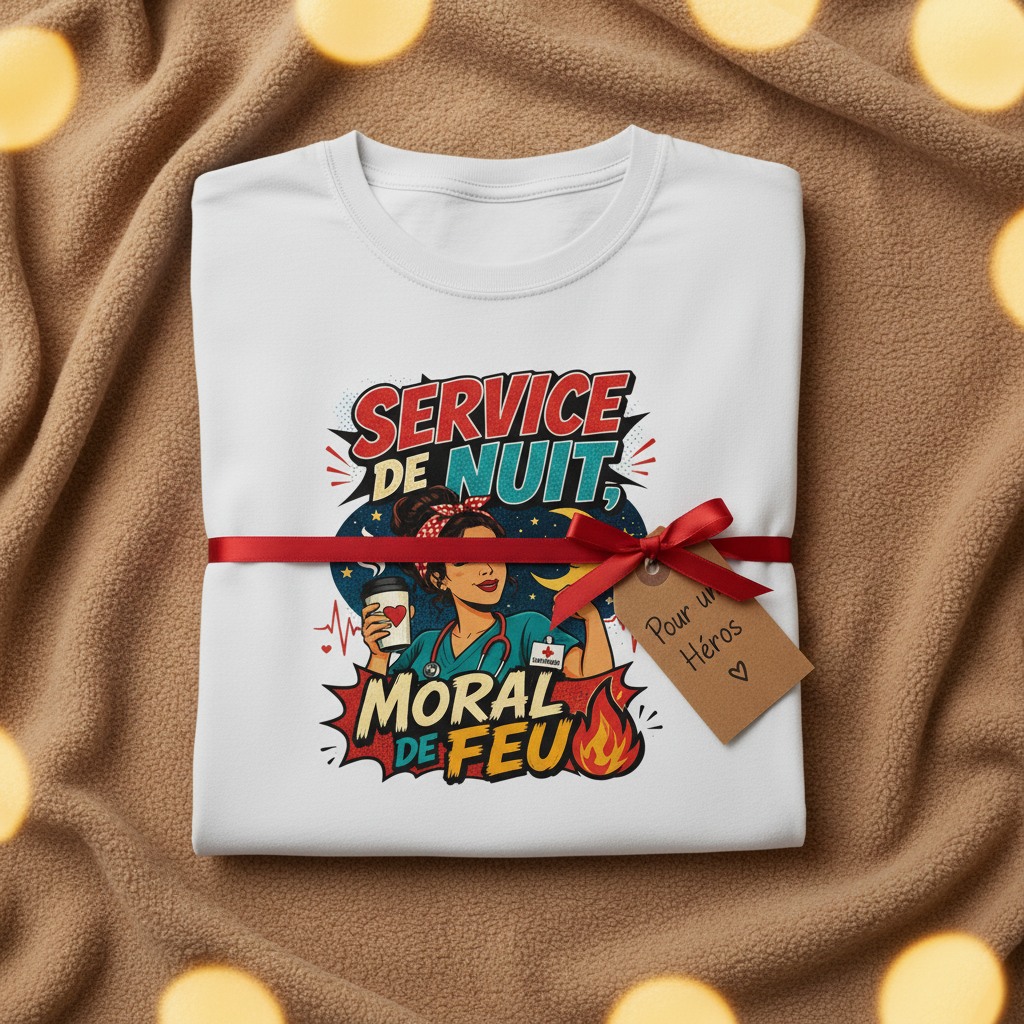 T-shirt blanc plié avec ruban rouge et motif « Service de Nuit » « Moral de Feu »