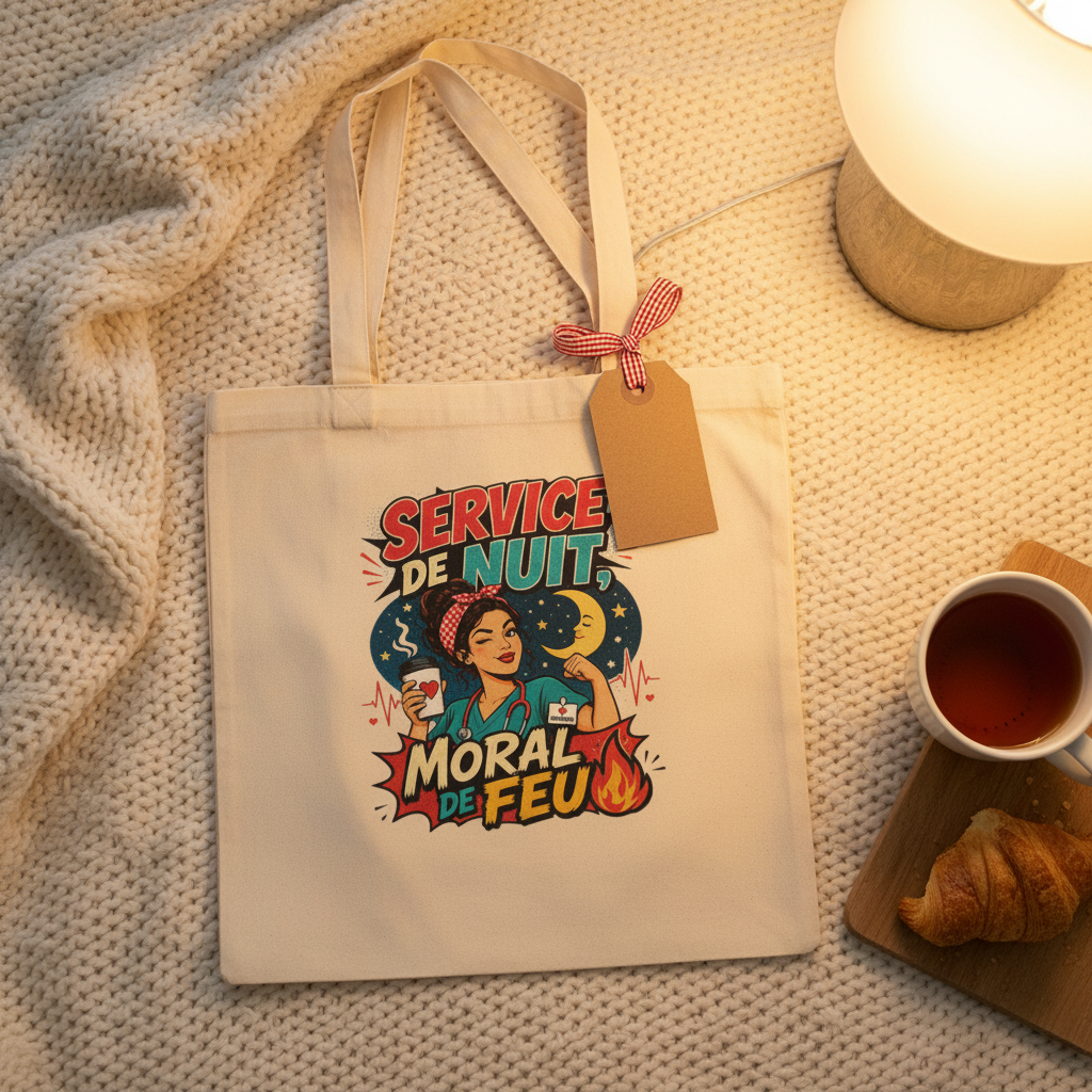 Tote bag beige avec étiquette suspendue et impression Service de Nuit Moral de Feu