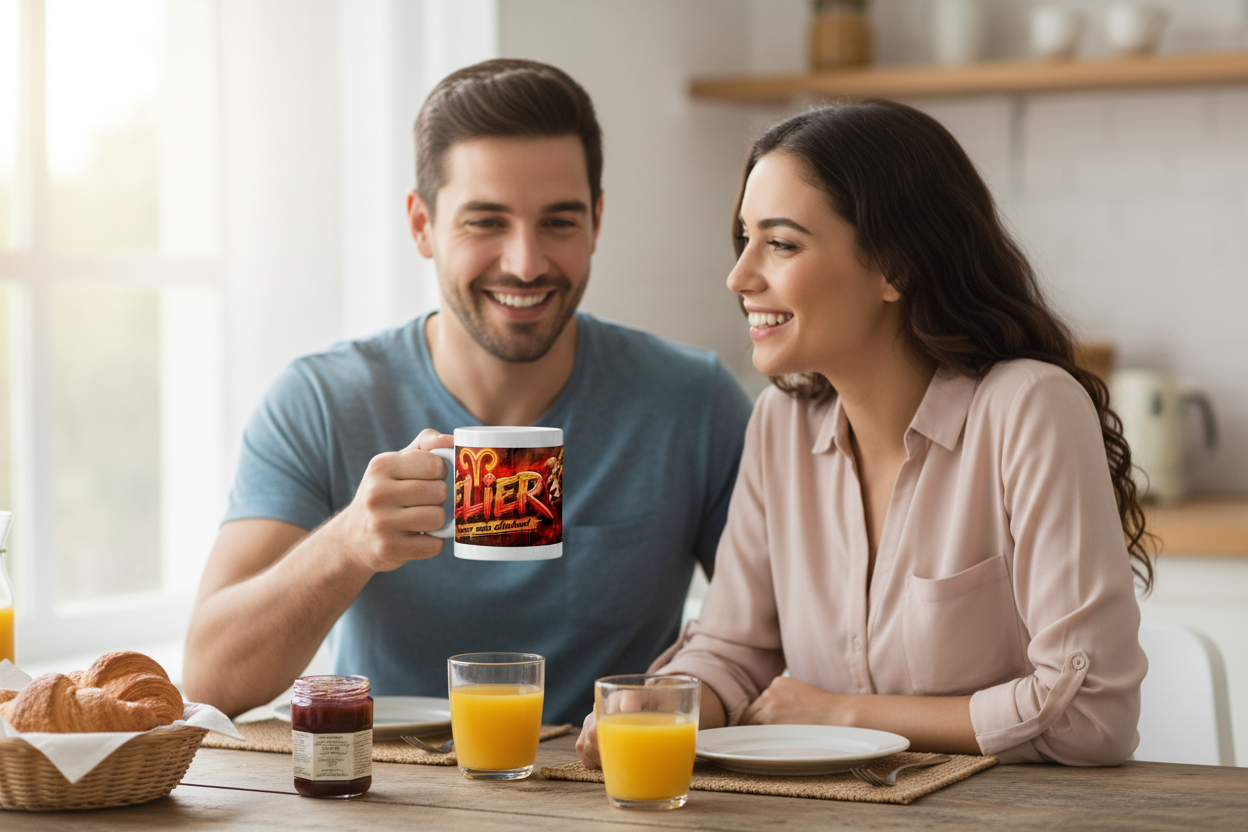 Mug blanc avec visuel rouge et lettres « LIER », tenu à la main