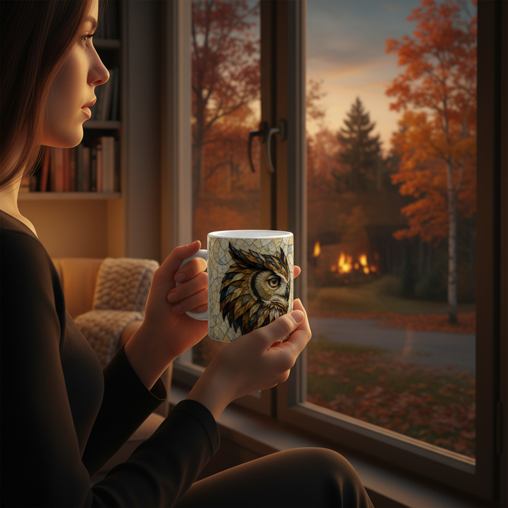 Crépuscule fenêtre mug hibou de profil