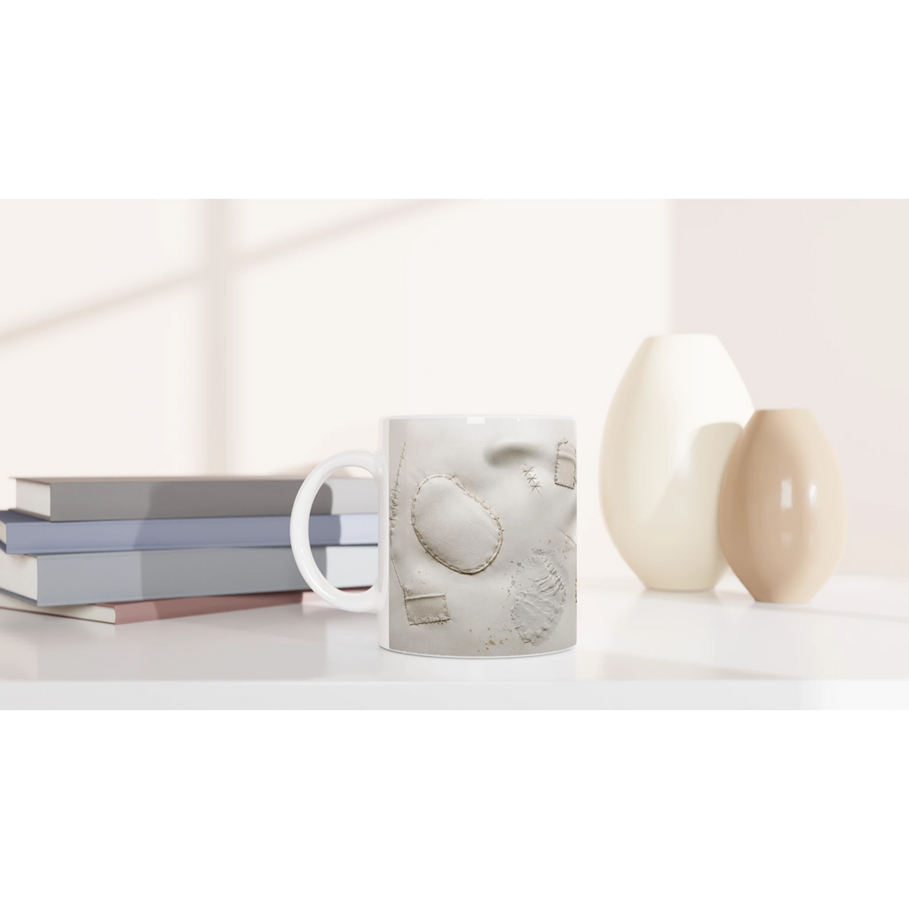 Mug en céramique blanche à motifs en relief cousus et détails géométriques