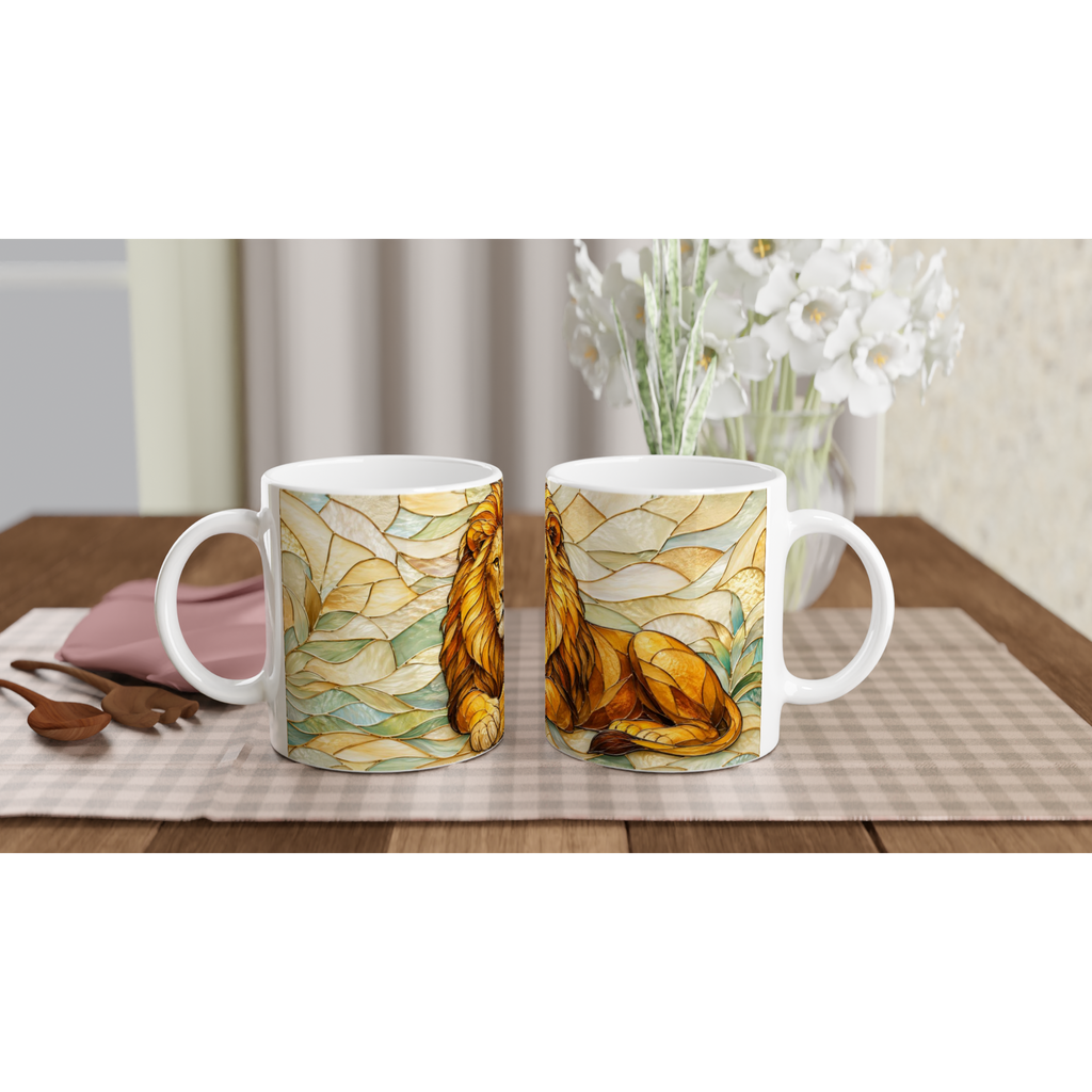 Deux mugs en céramique blancs au motif lion doré et feuilles vertes