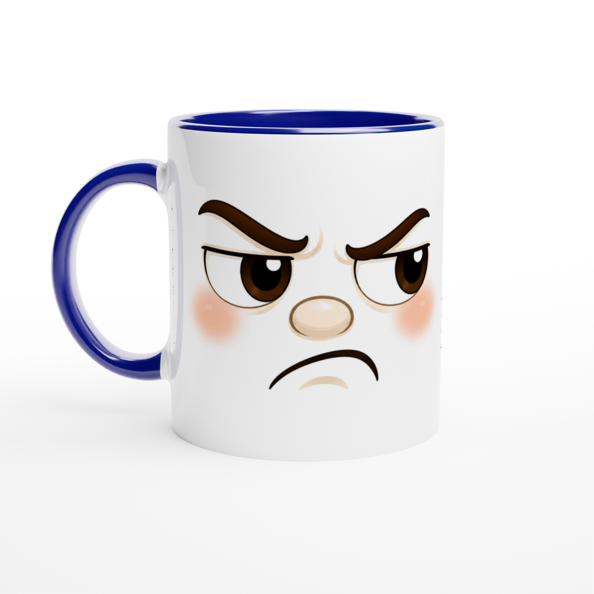 Mug en céramique blanc avec poignée bleue et visuel kawaii en colère