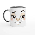 Mug en céramique blanc à bord noir et anse noire, visage kawaii souriant