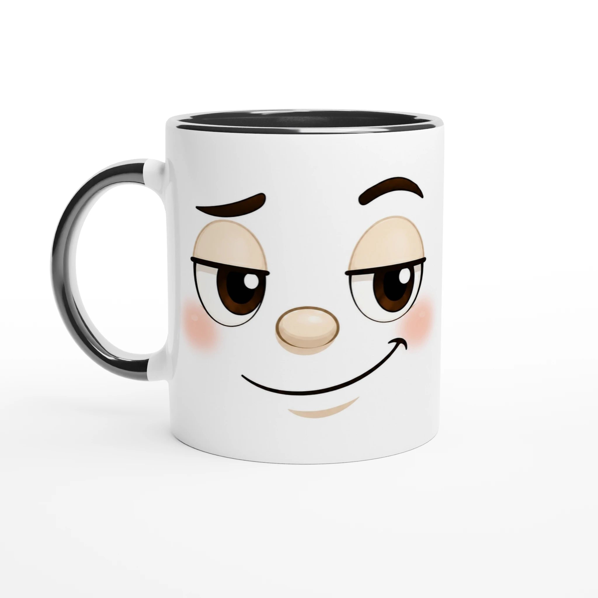 Mug en céramique blanc à bord noir et anse noire, visage kawaii souriant