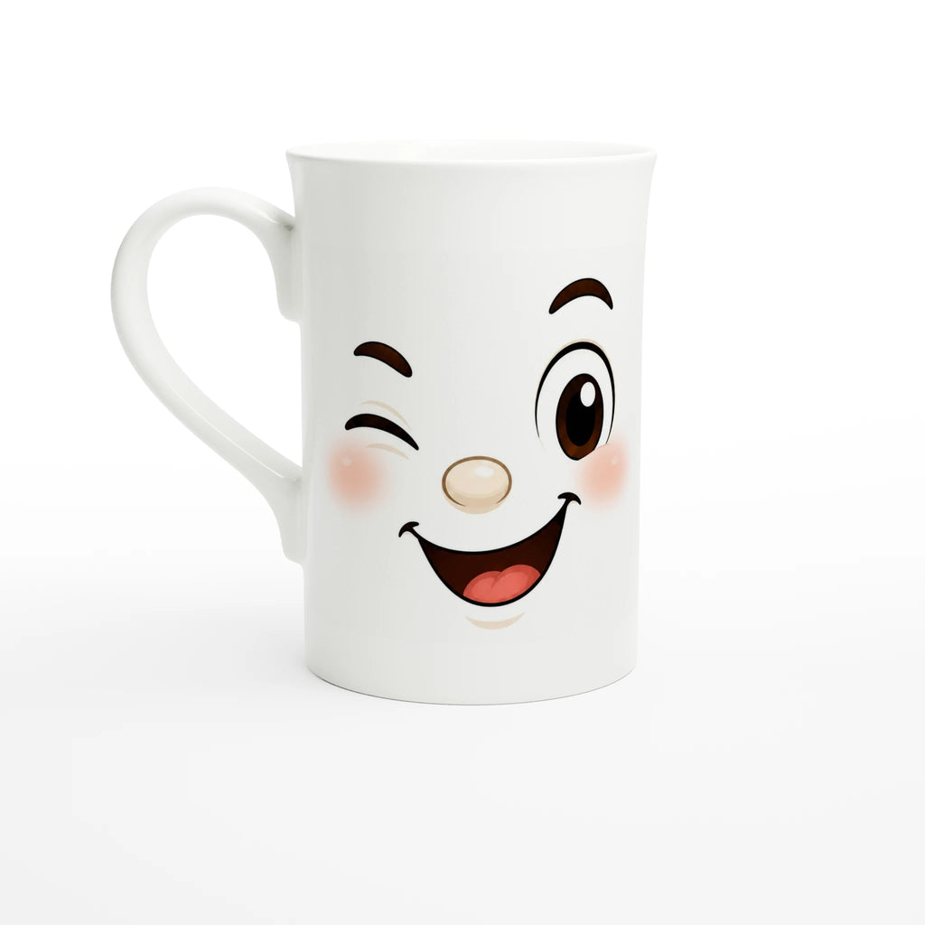 Mug blanc isolé avec visage kawaii souriant, anse latérale