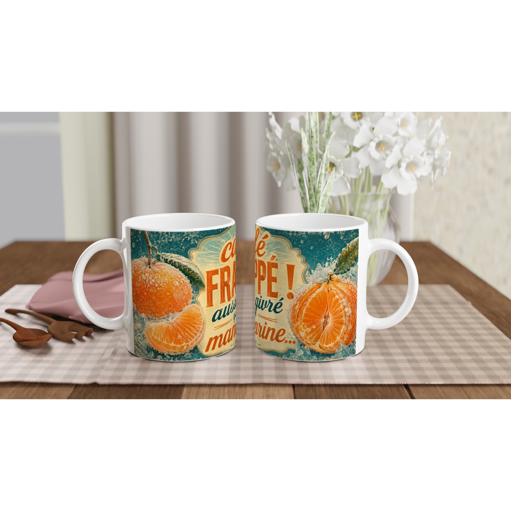 Paire de mugs blancs imprimés mandarine orange, texte rétro sur fond vert