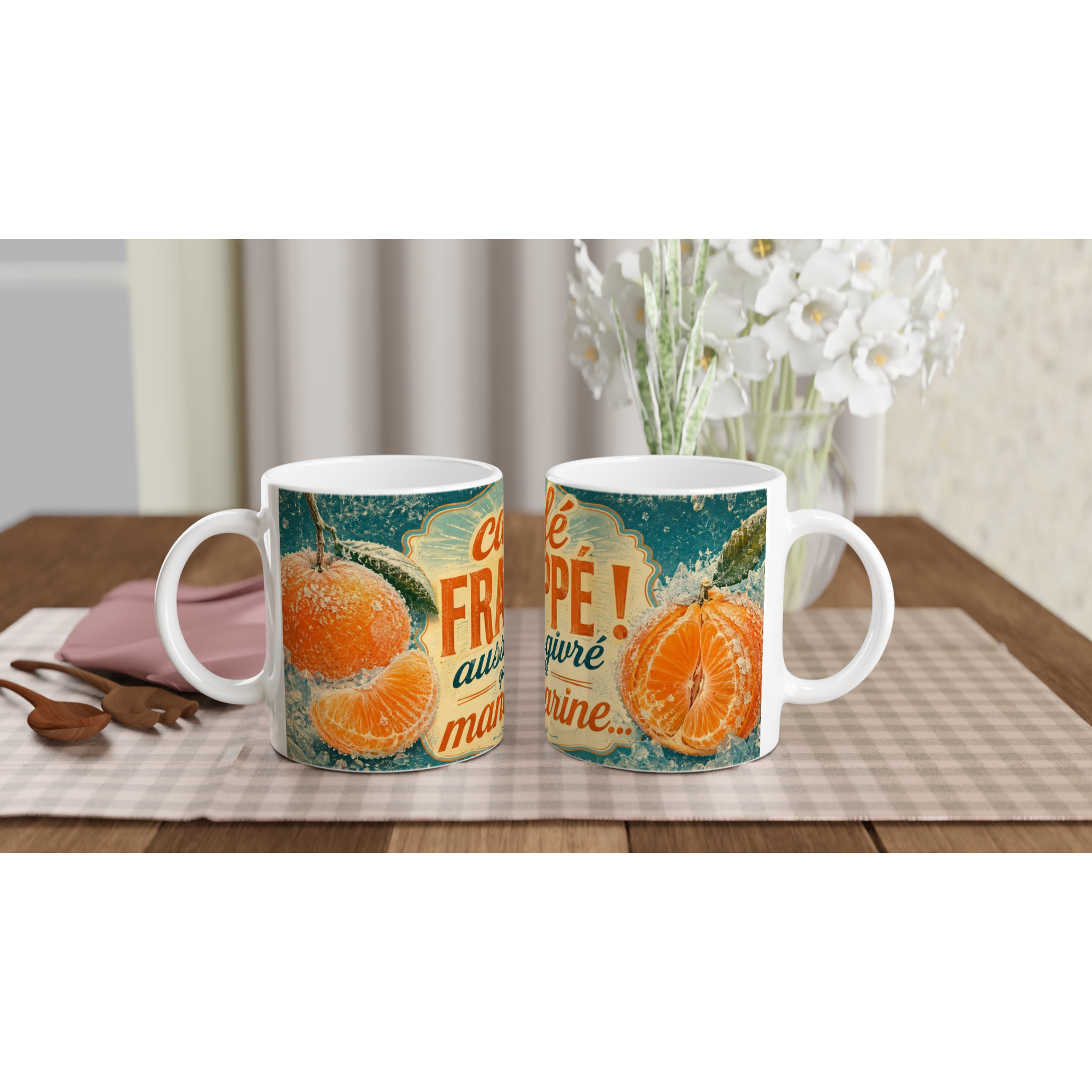 Paire de mugs blancs imprimés mandarine orange, texte rétro sur fond vert