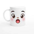 Tasse en céramique blanche au visage kawaii, poignée blanche.