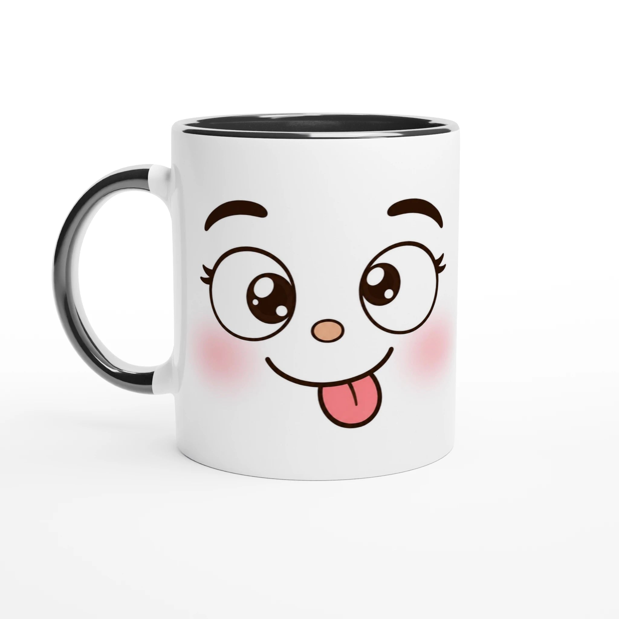 Mug en céramique blanche, intérieur et anse foncés, visage panda avec langue rose.