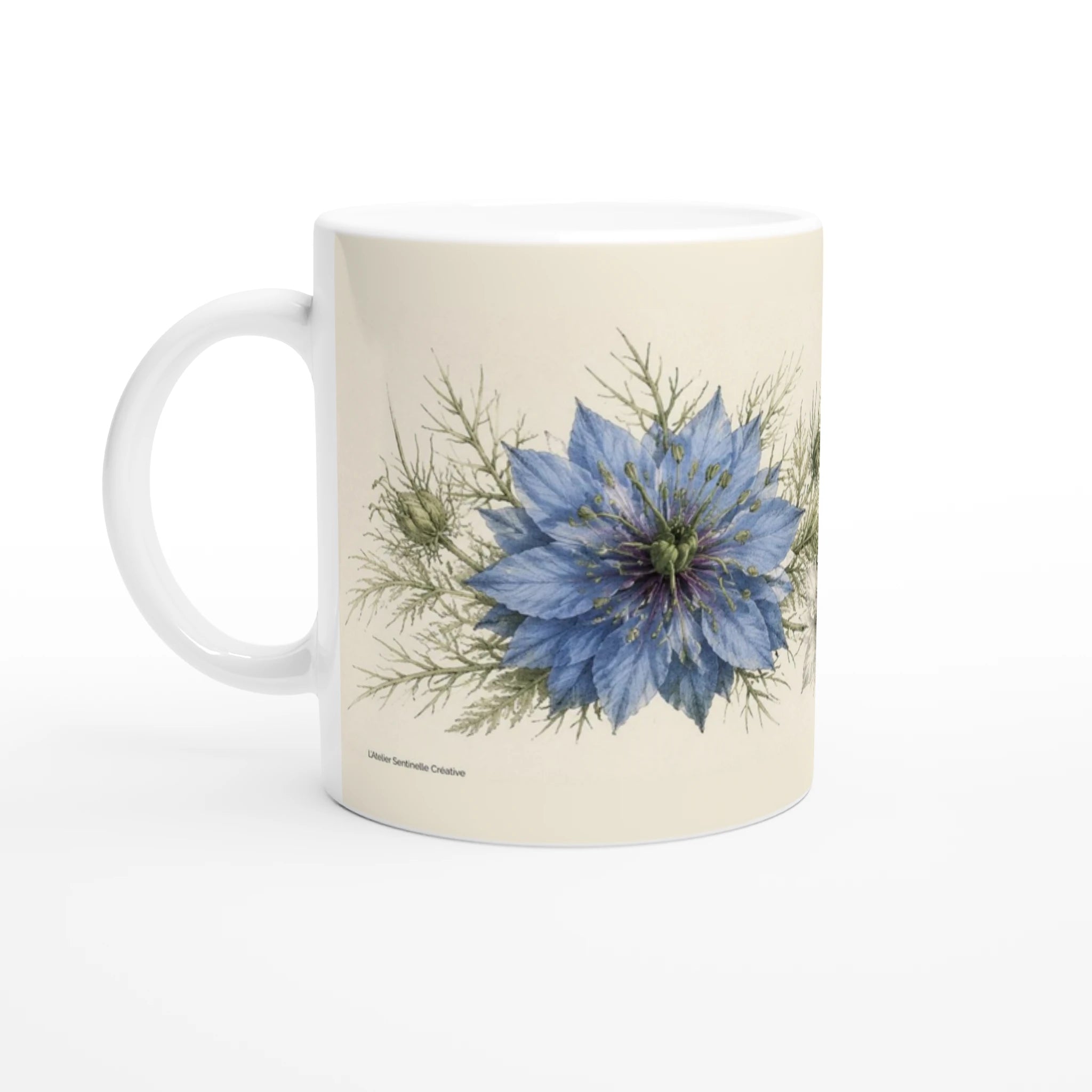 Mug en céramique blanc brillant avec fleur bleue sur la face