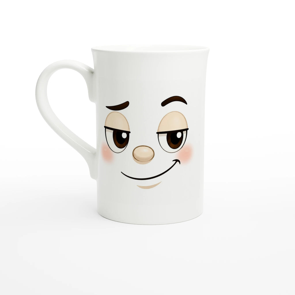 Tasse blanche avec grand visage souriant imprimé, vue de face.