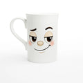 Tasse blanche avec grand visage souriant imprimé, vue de face.