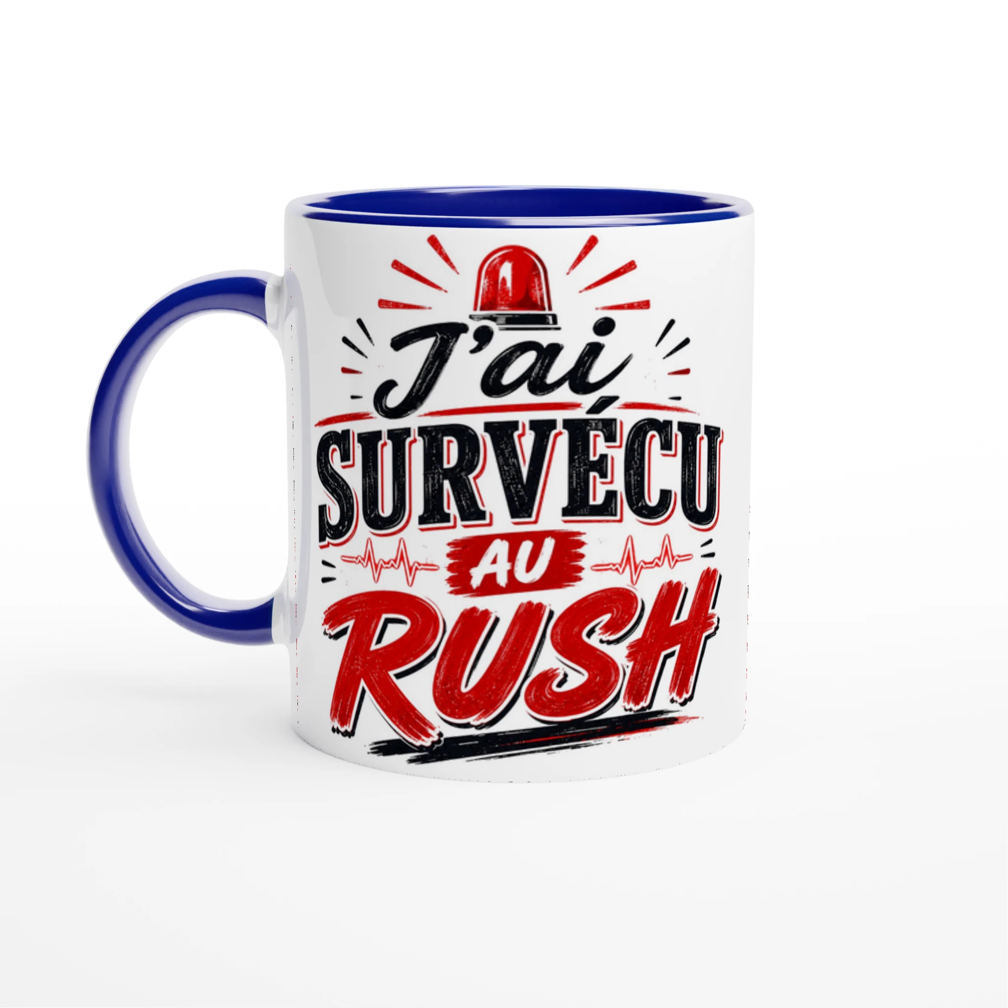 Mug céramique blanc, anse bleue et bord bleu, impression « J’ai survécu au rush ».