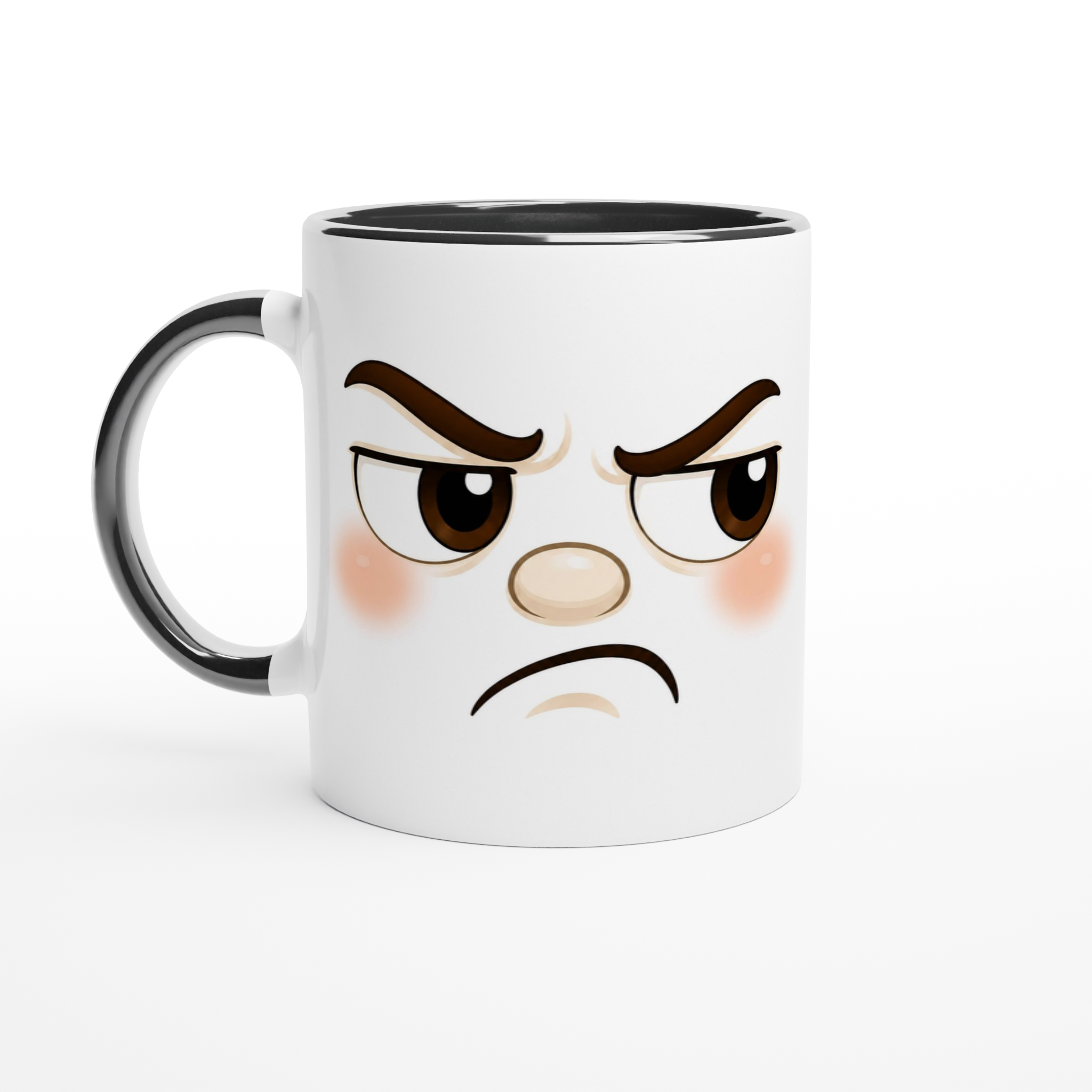 Mug en céramique blanc, bord noir et anse noire, visage fâché dessiné.