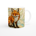 Mug en céramique blanc avec renard roux sur feuilles, vue de face