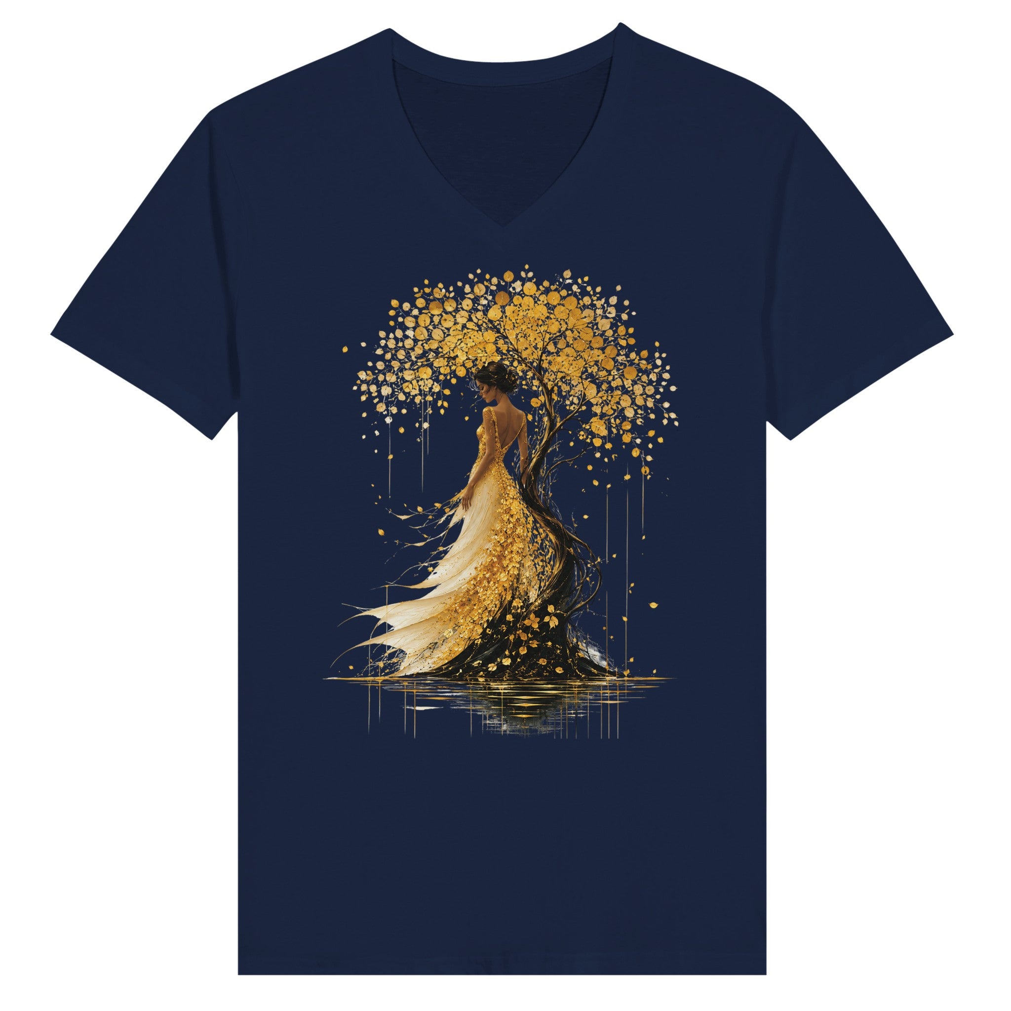 T-shirt femme bleu marine, motif arbre doré avec silhouette et lignes dorées.