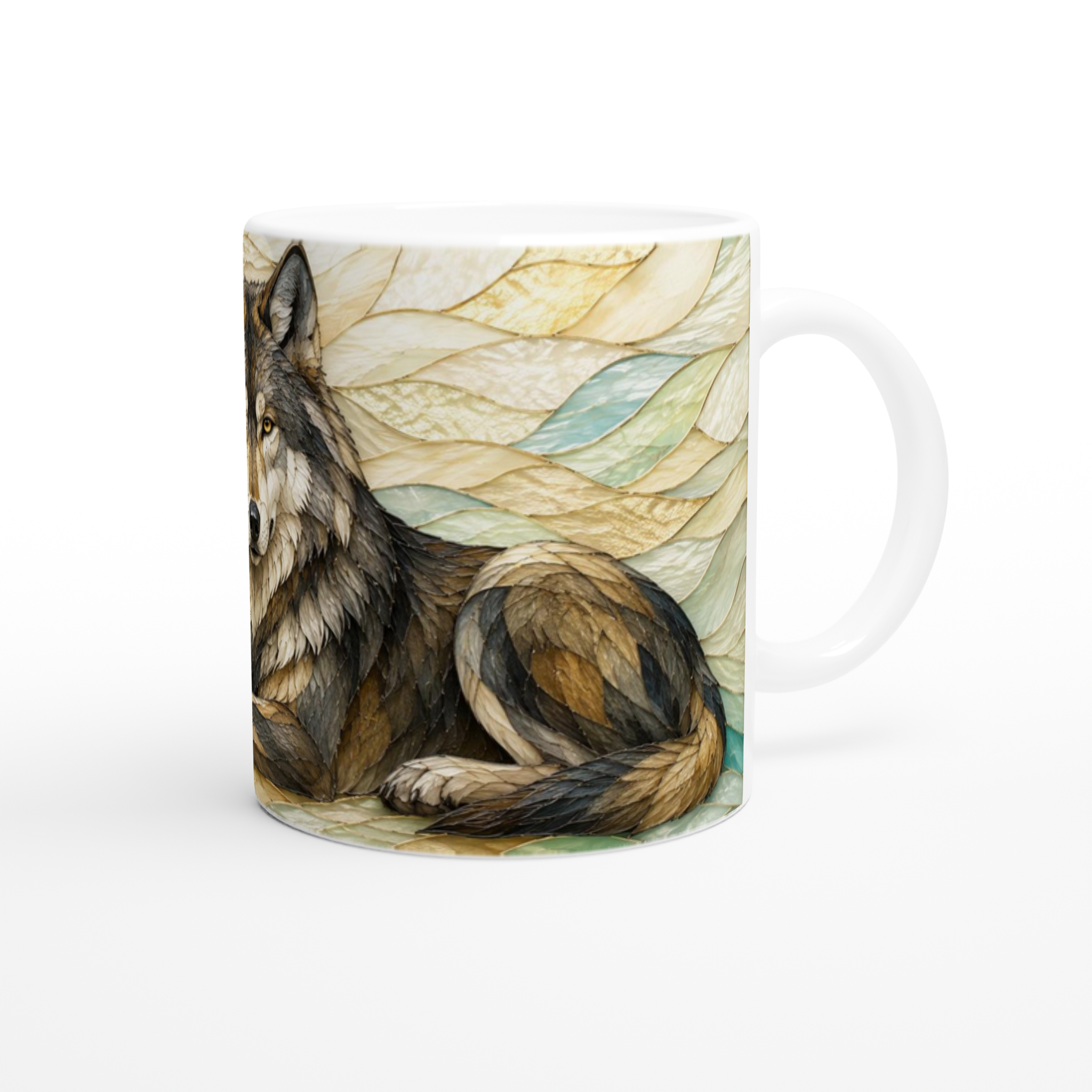 Mug en céramique blanche avec museau de loup et motif feuille jaune-bleu