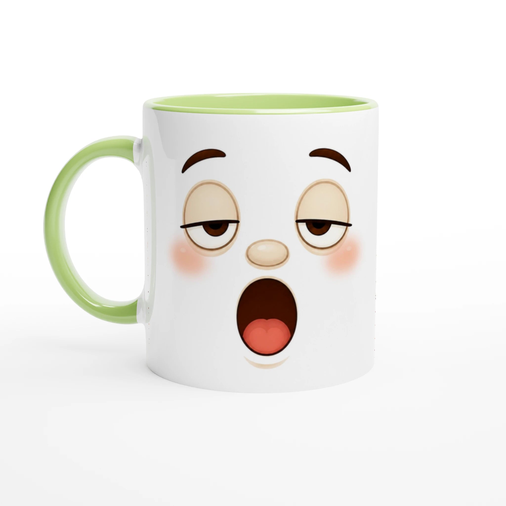 Mug blanc à bord vert clair et poignée verte, visage kawaii au cri.