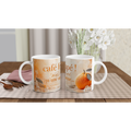 Mug en céramique blanche avec anse, motif mandarine orange sur fond beige