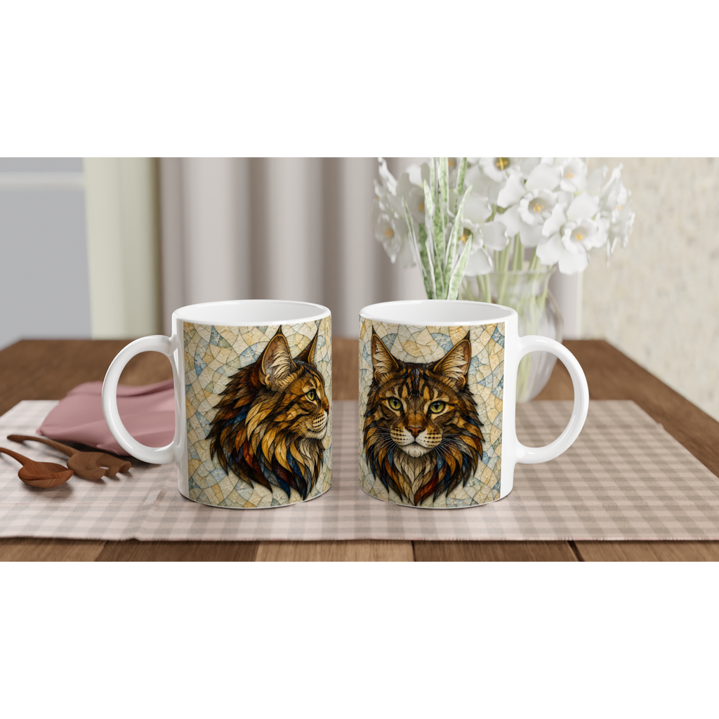 Deux tasses en céramique blanches 11 oz, lions dessinés, anses