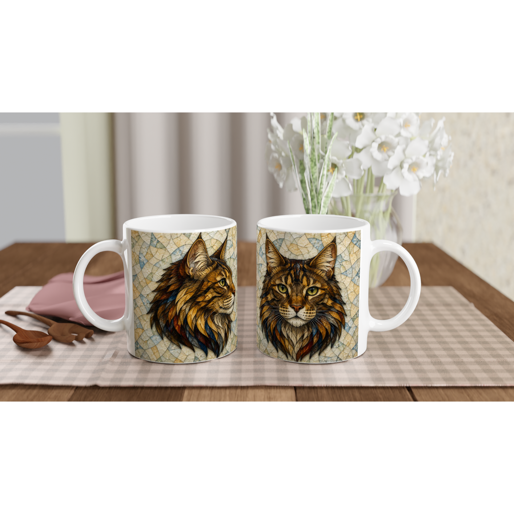 Deux tasses en céramique blanches 11 oz, lions dessinés, anses