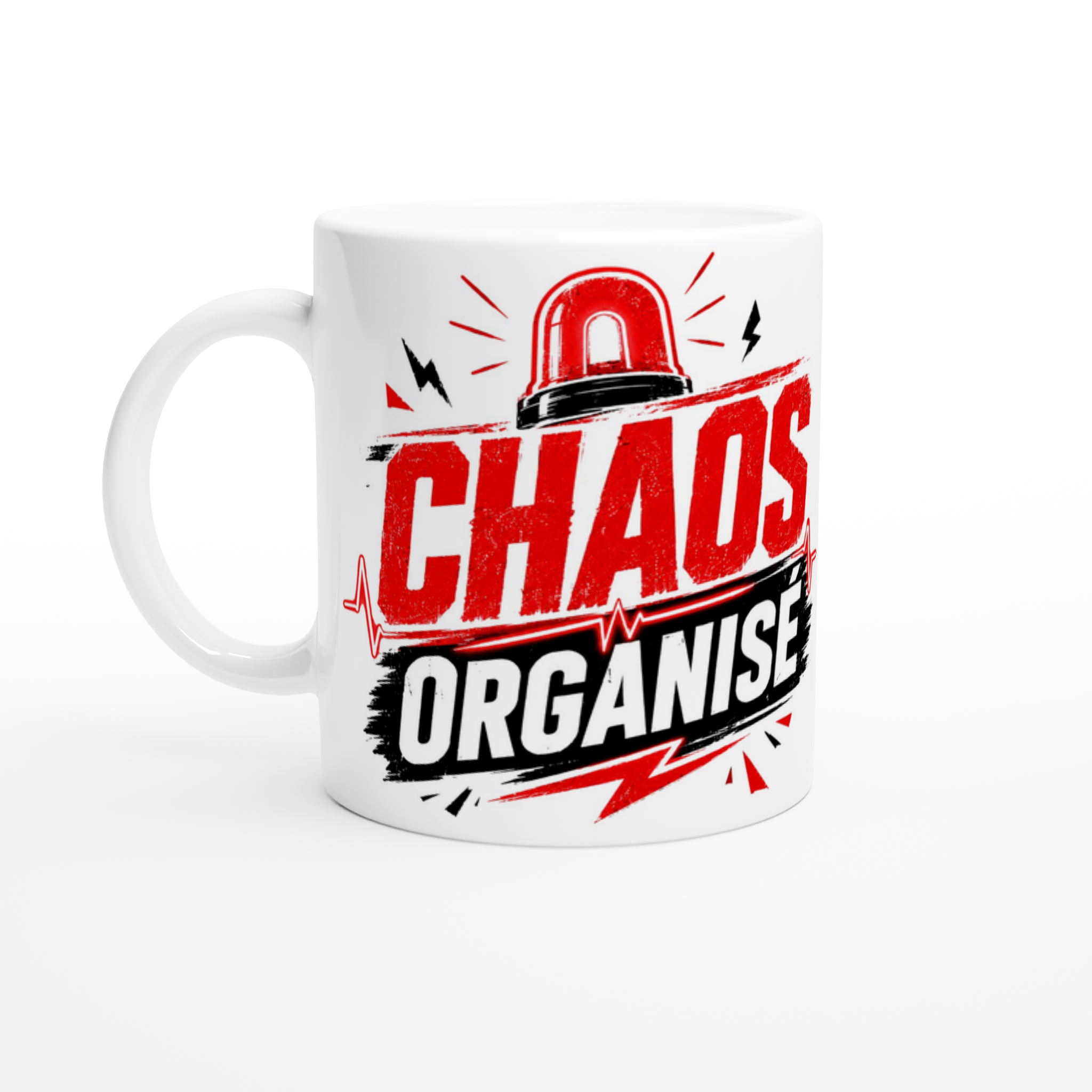 Mug en céramique blanche, anse blanche, imprimé « CHAOS ORGANISE ».
