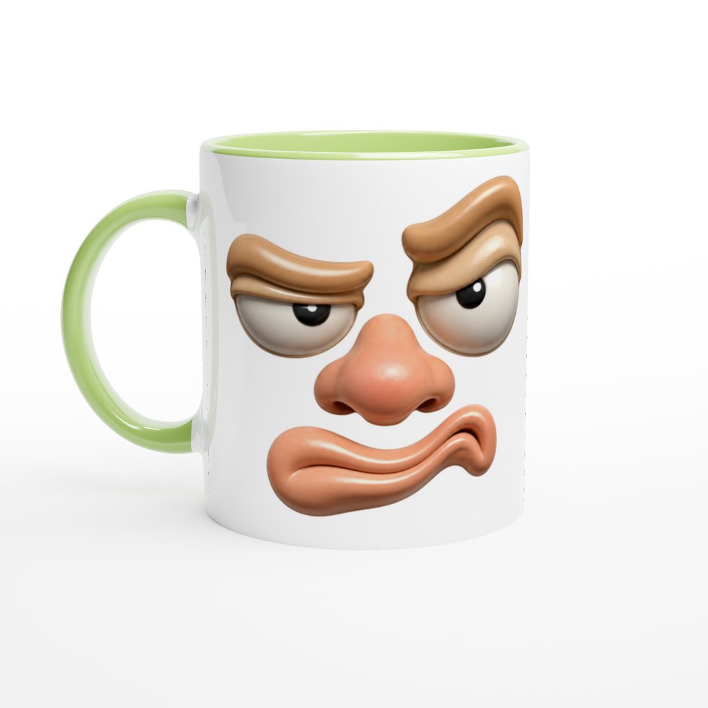 Mug blanc au visage grognon, avec anse et bordure vert clair
