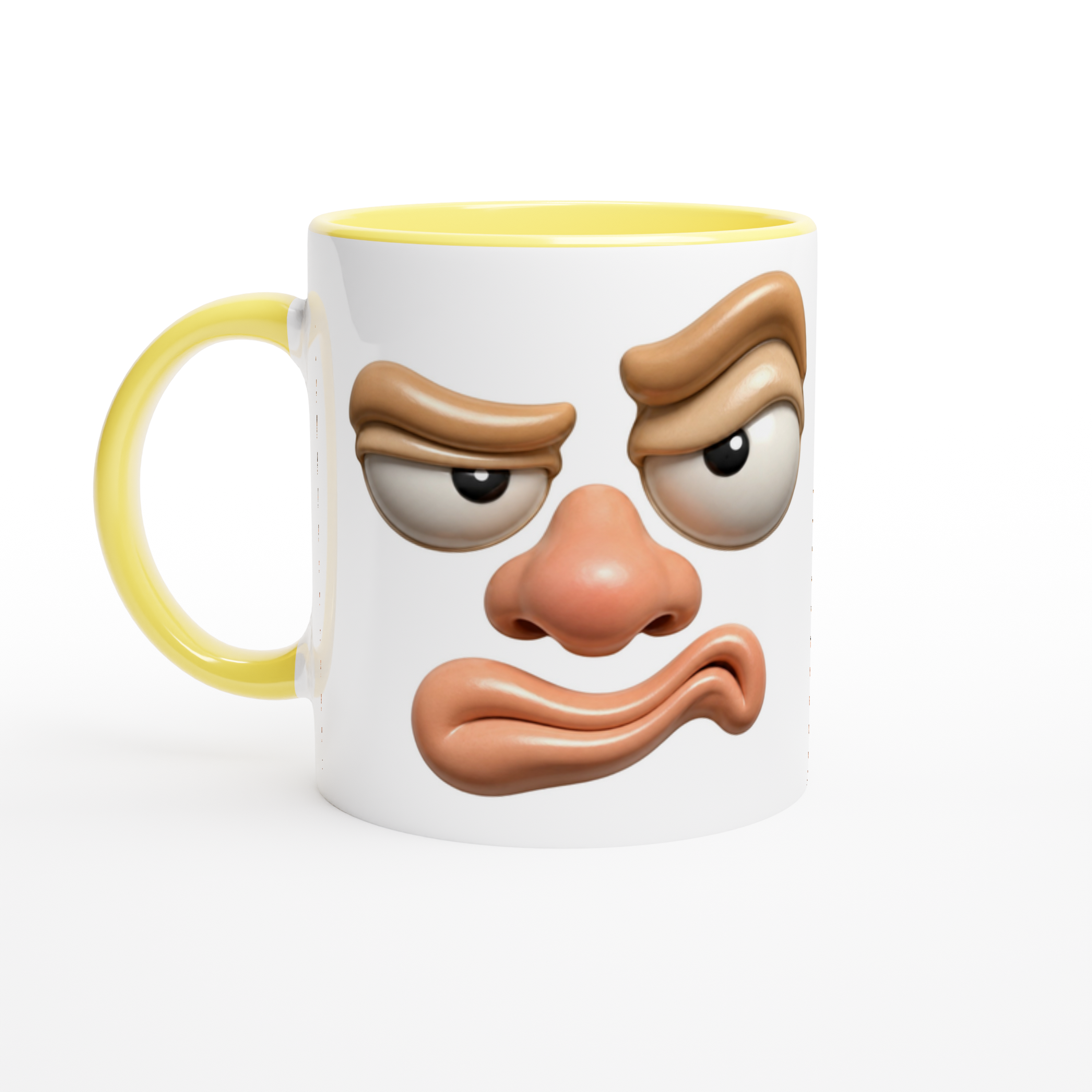 Mug blanc au visage grognon, avec anse et bordure jaunes