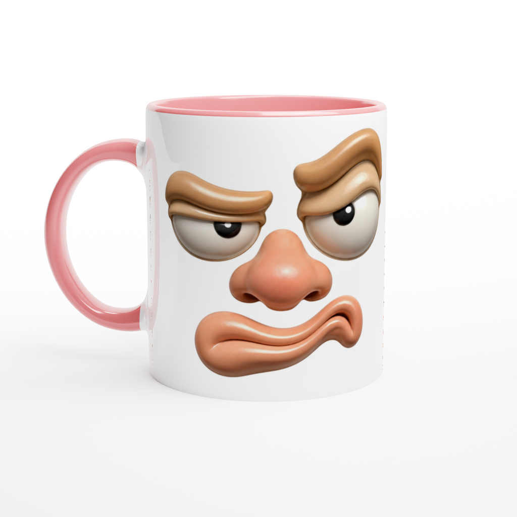 Mug blanc au visage grognon, avec anse et bordure roses
