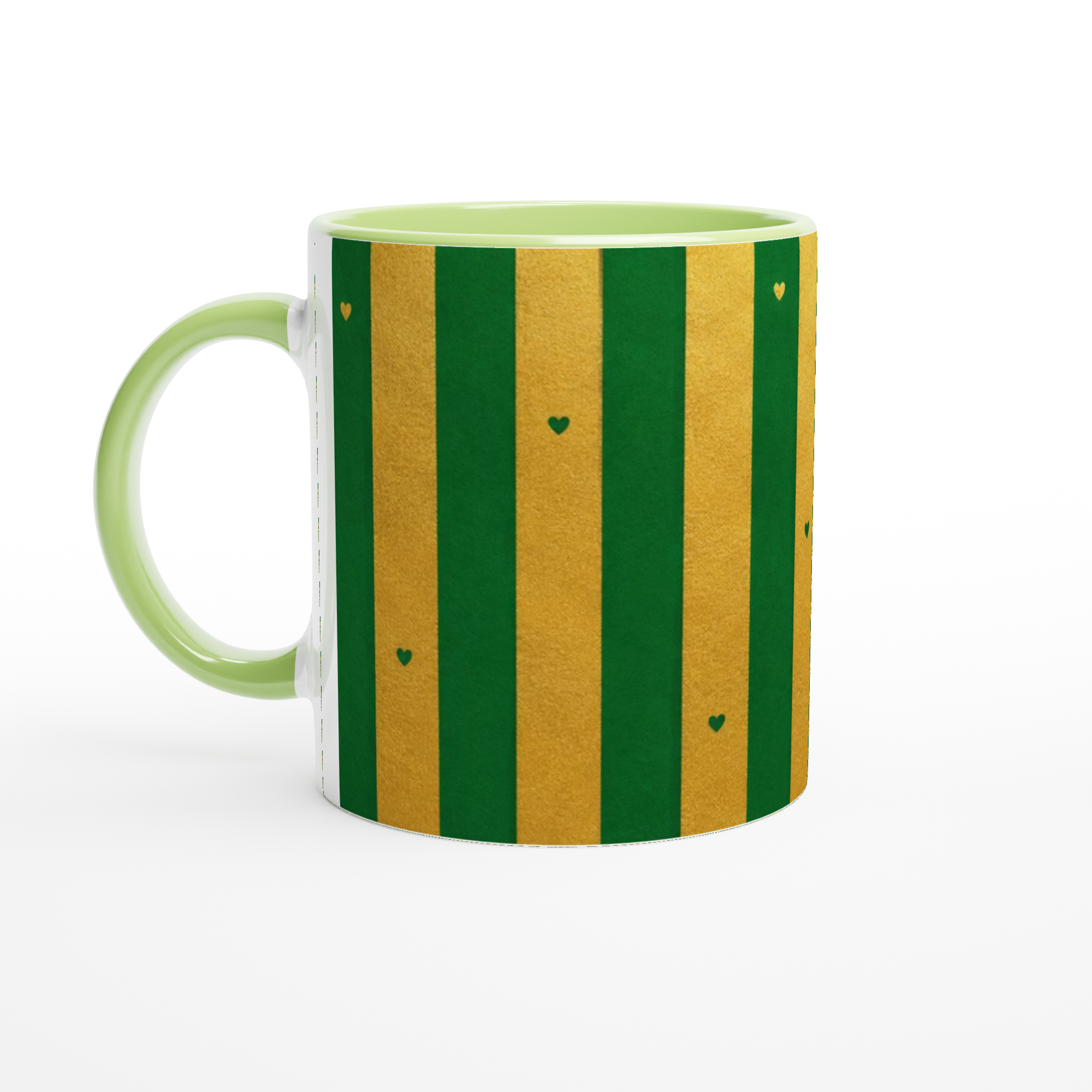 Mug Rayures Cœurs Vert et Doré — Cadeau Nature