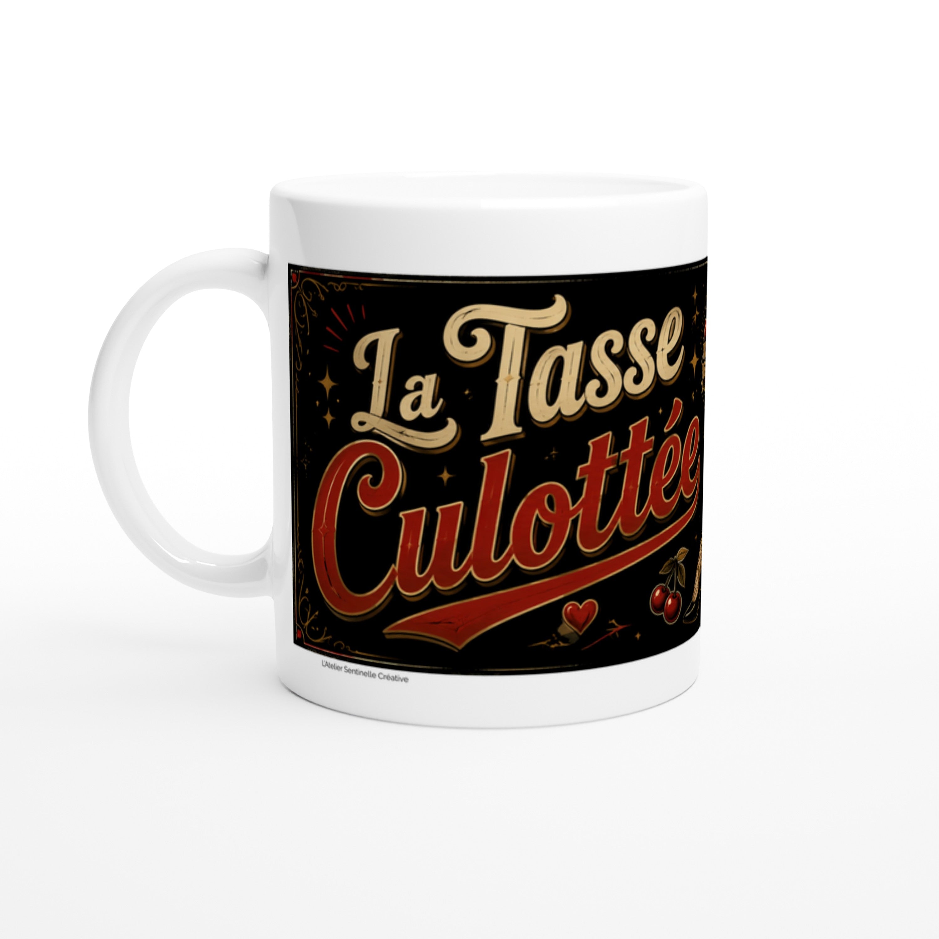 Mug blanc « La Tasse Culottée » logo noir doré et rouge, anse