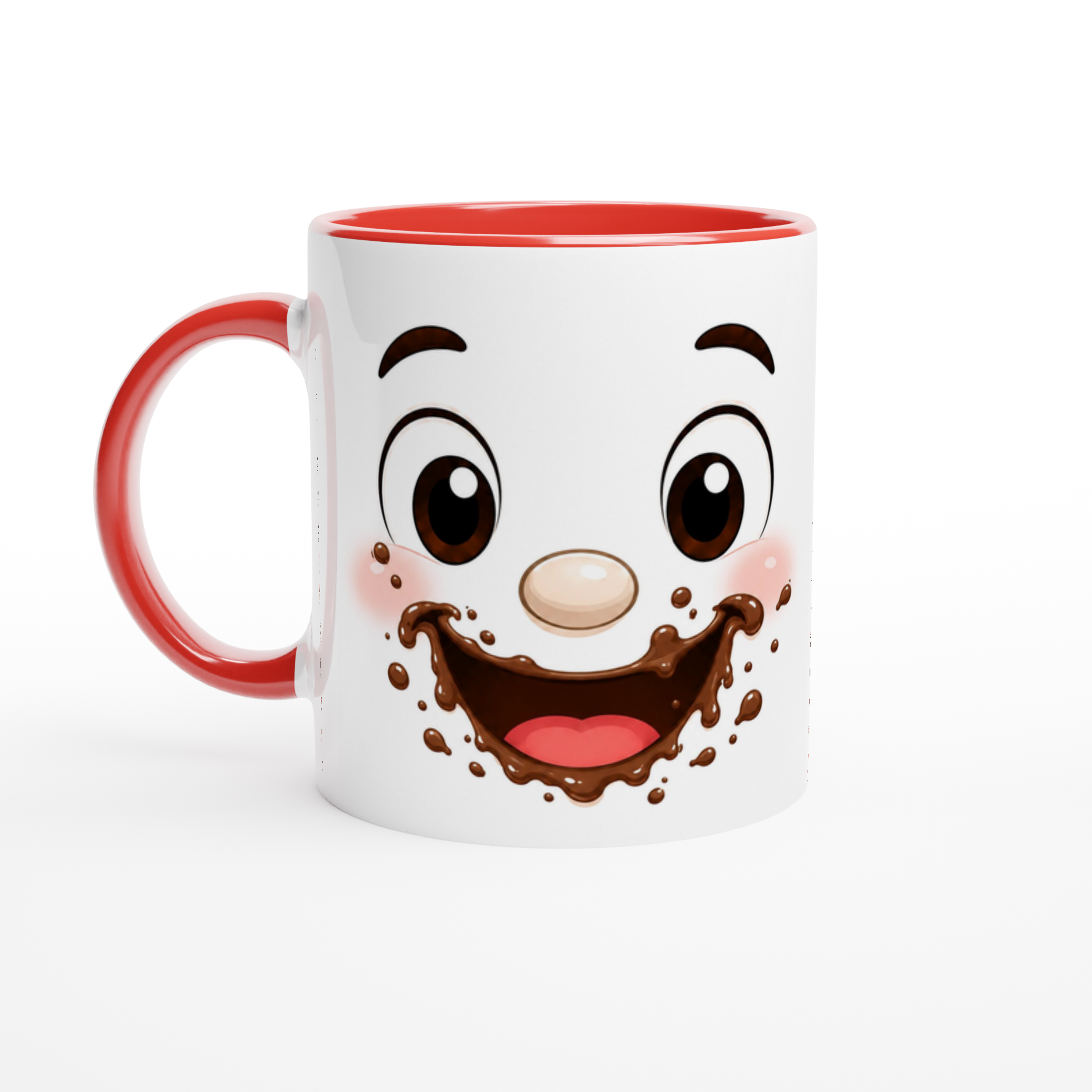 Mug céramique blanc, bord et anse rouges, visage kawaii au chocolat