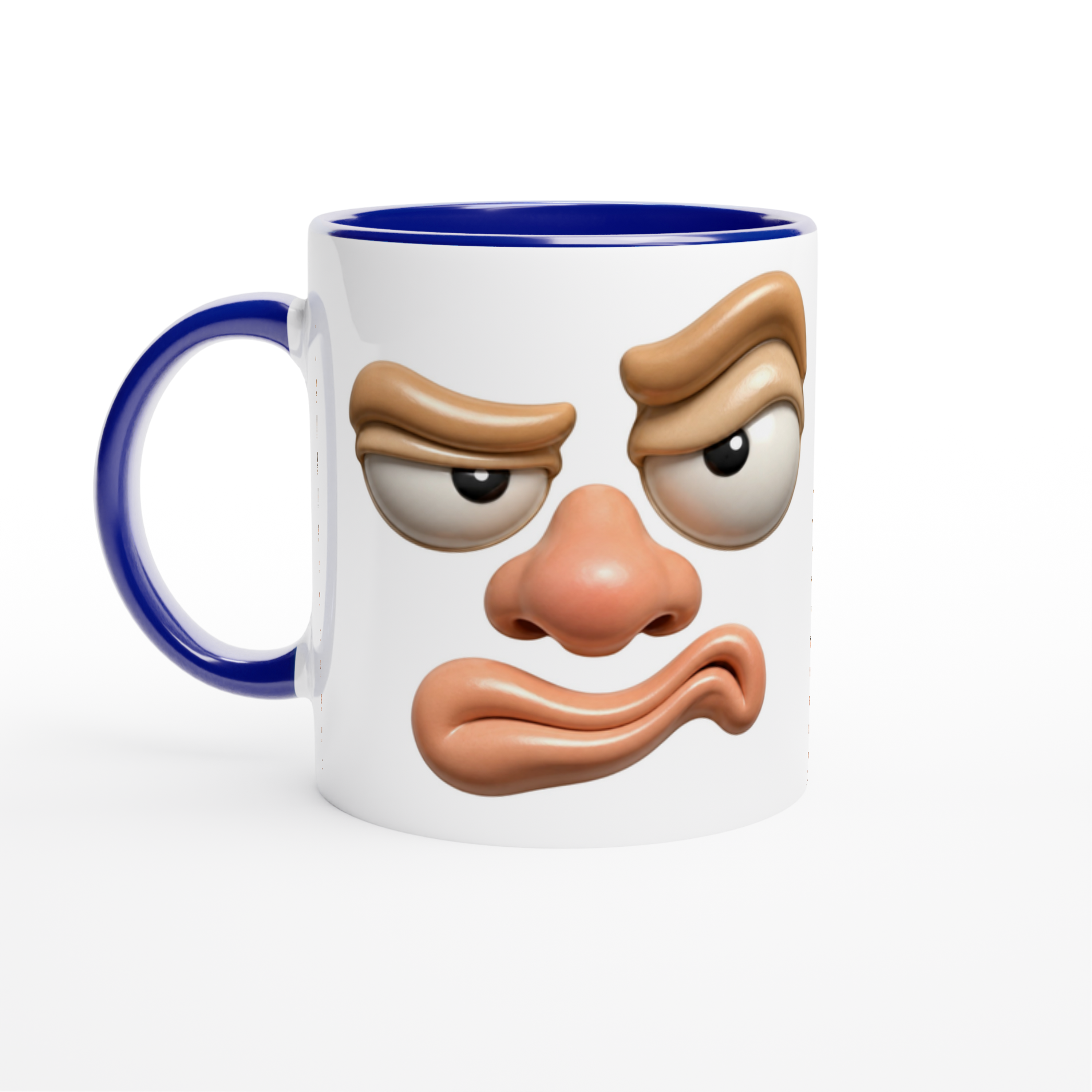 Mug blanc au visage grognon, avec anse et bordure bleues